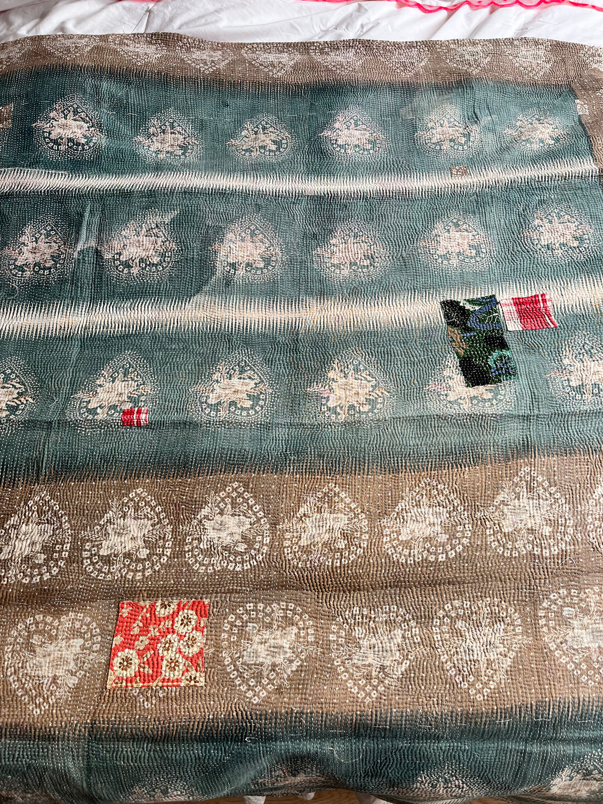Heart & Pink Stripe Reverse Kantha quilt