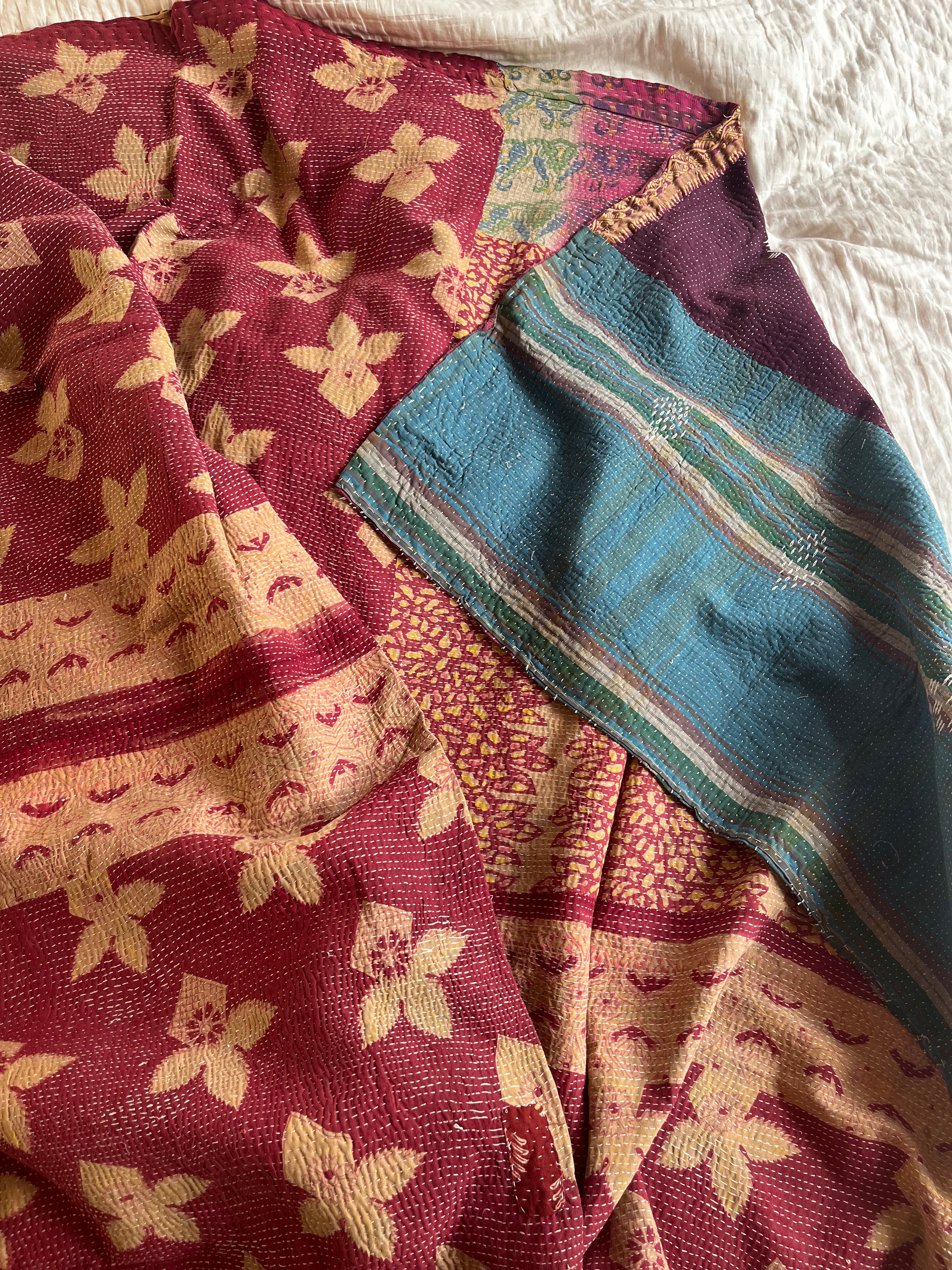 Claret Floral with a deep purple embroidered reverse Kantha Quilt