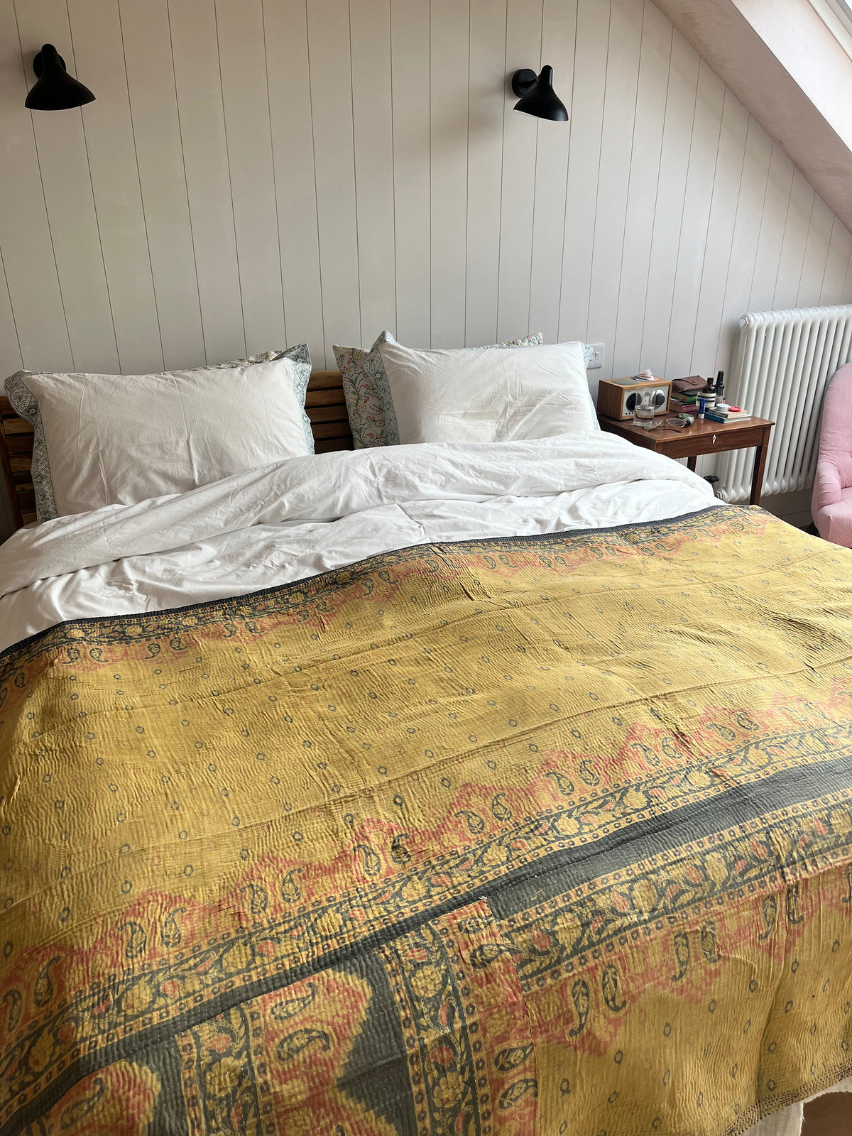Mellow Yellow Floral & Pink Reverse Kantha quilt