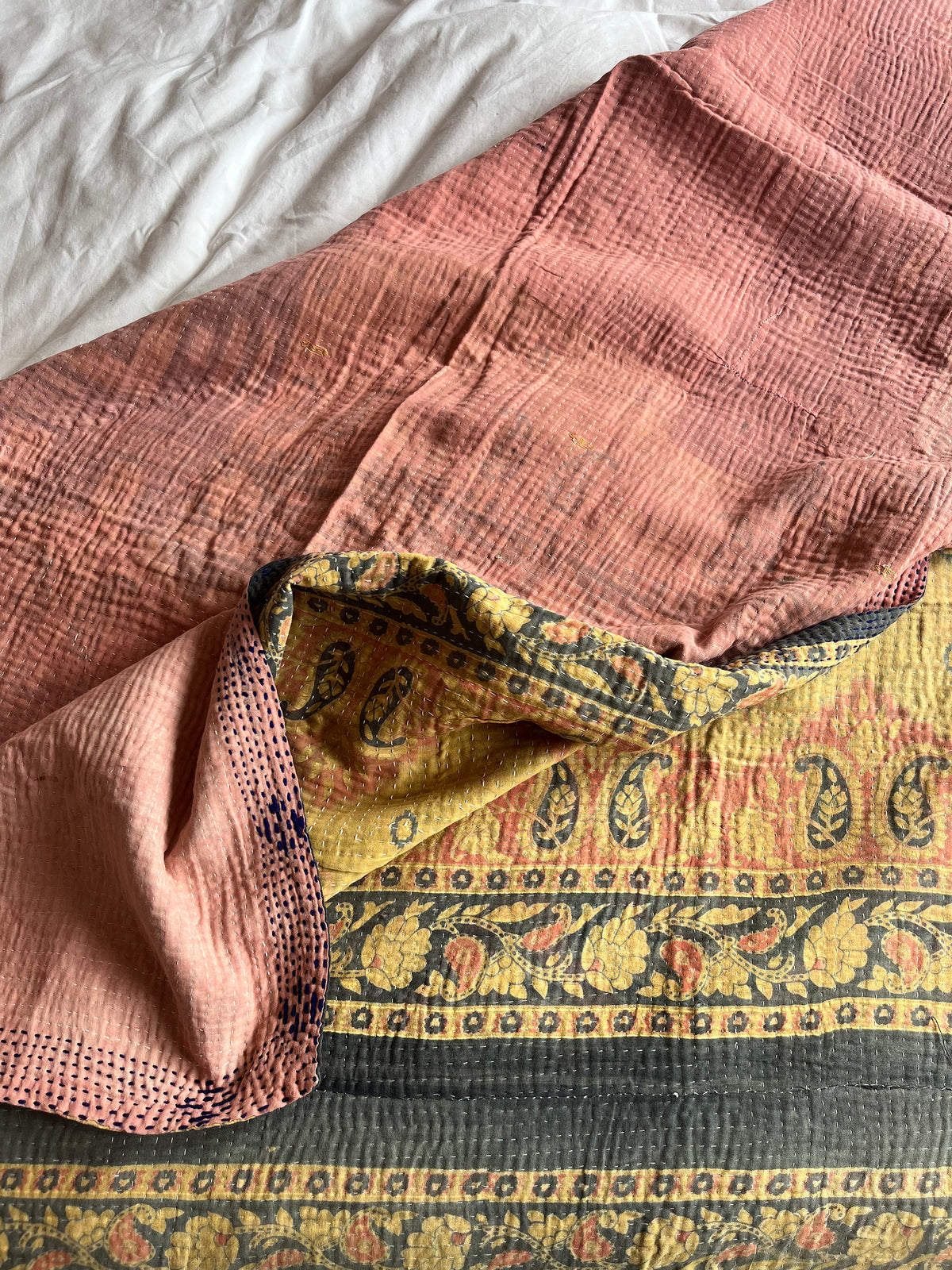 Mellow Yellow Floral & Pink Reverse Kantha quilt