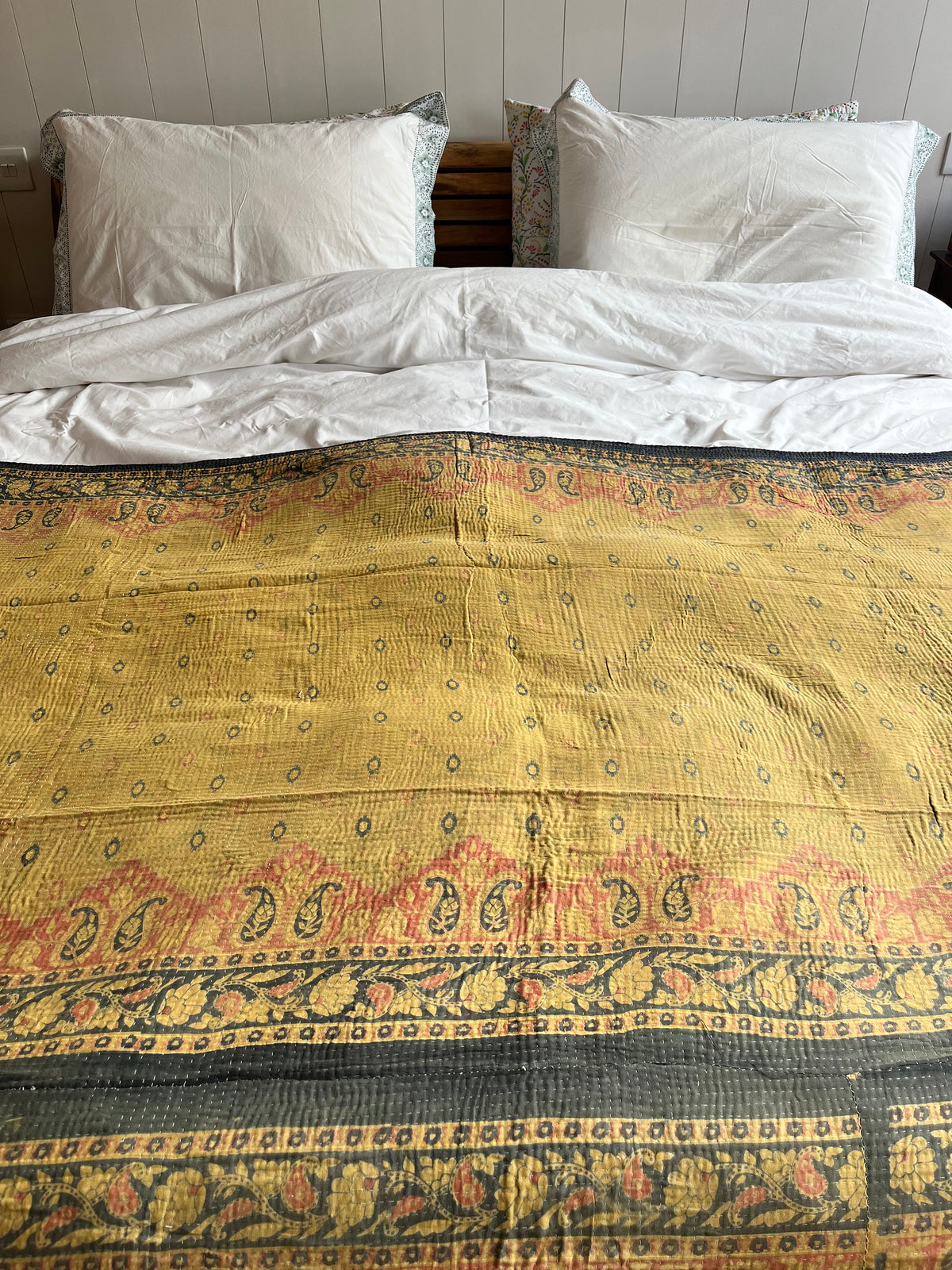 Mellow Yellow Floral & Pink Reverse Kantha quilt