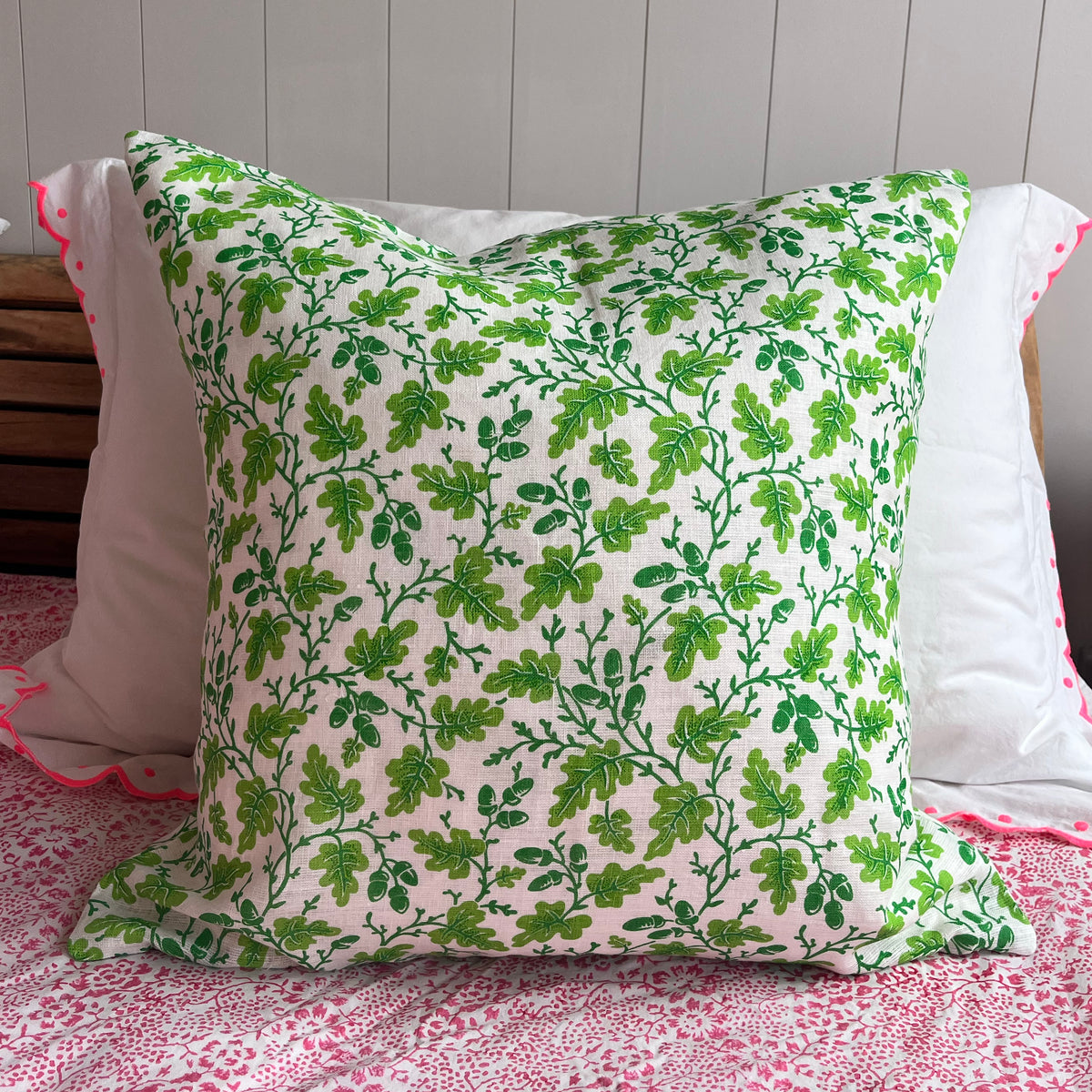 Oak Leaf Linen Cushion -  Green