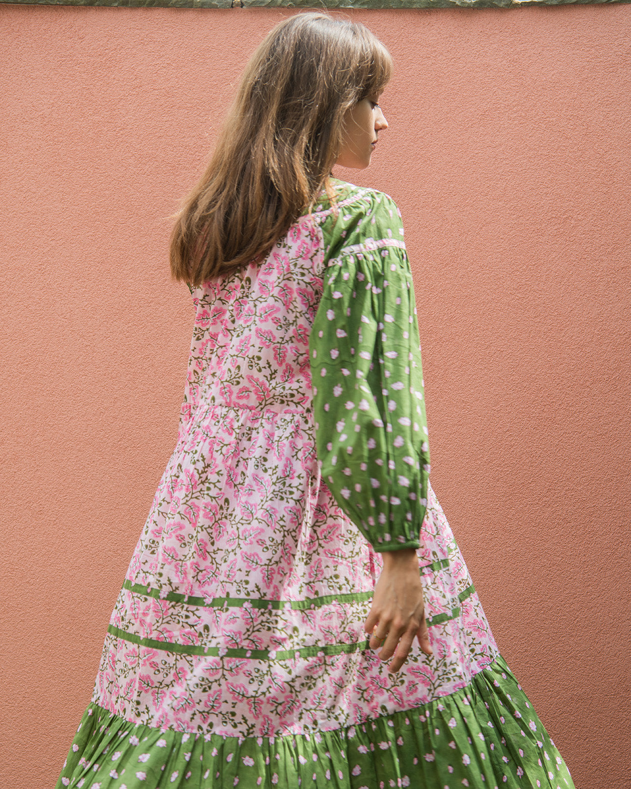Oak Leaf Boho Dress - Green & Pink