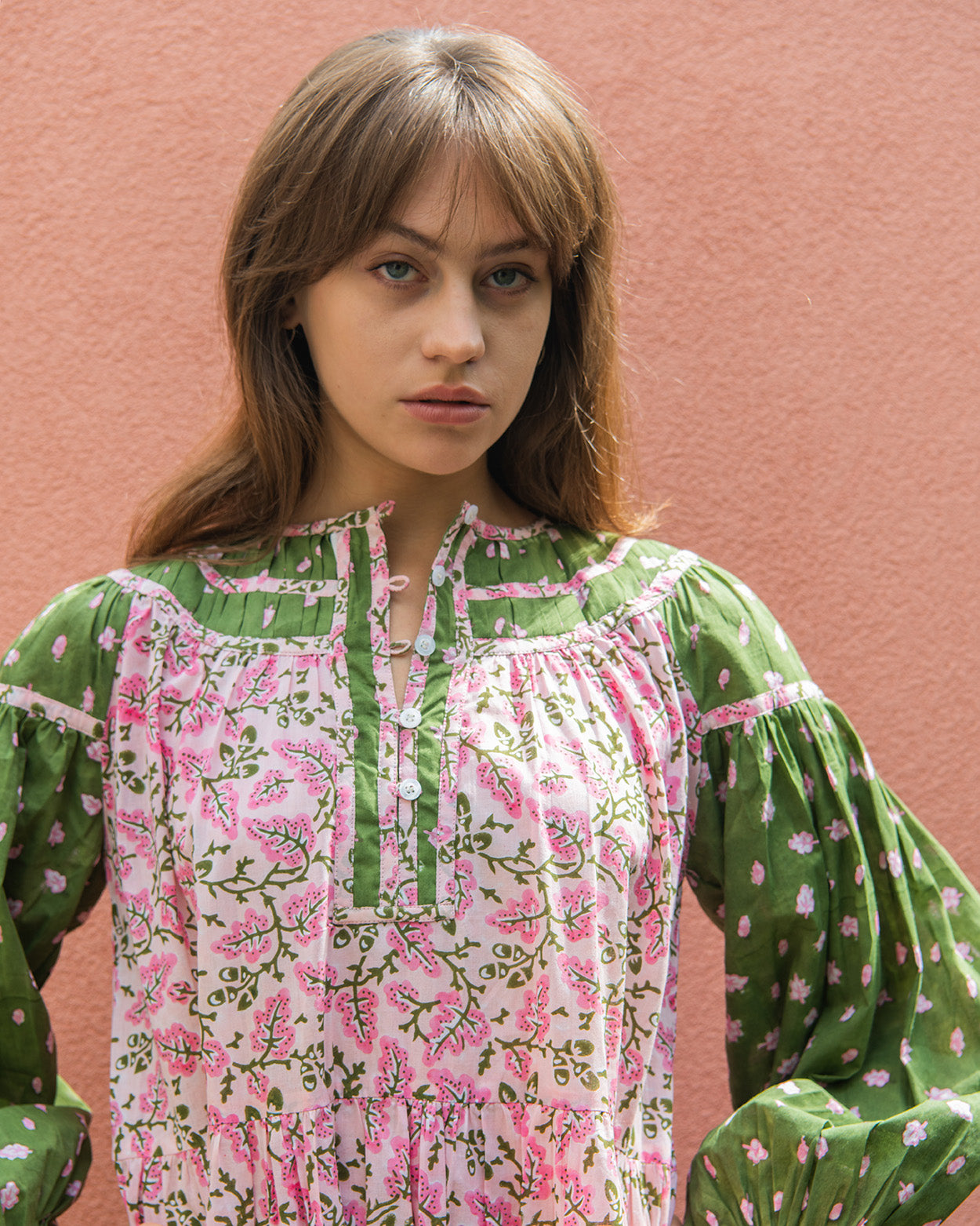 Oak Leaf Boho Dress - Green & Pink