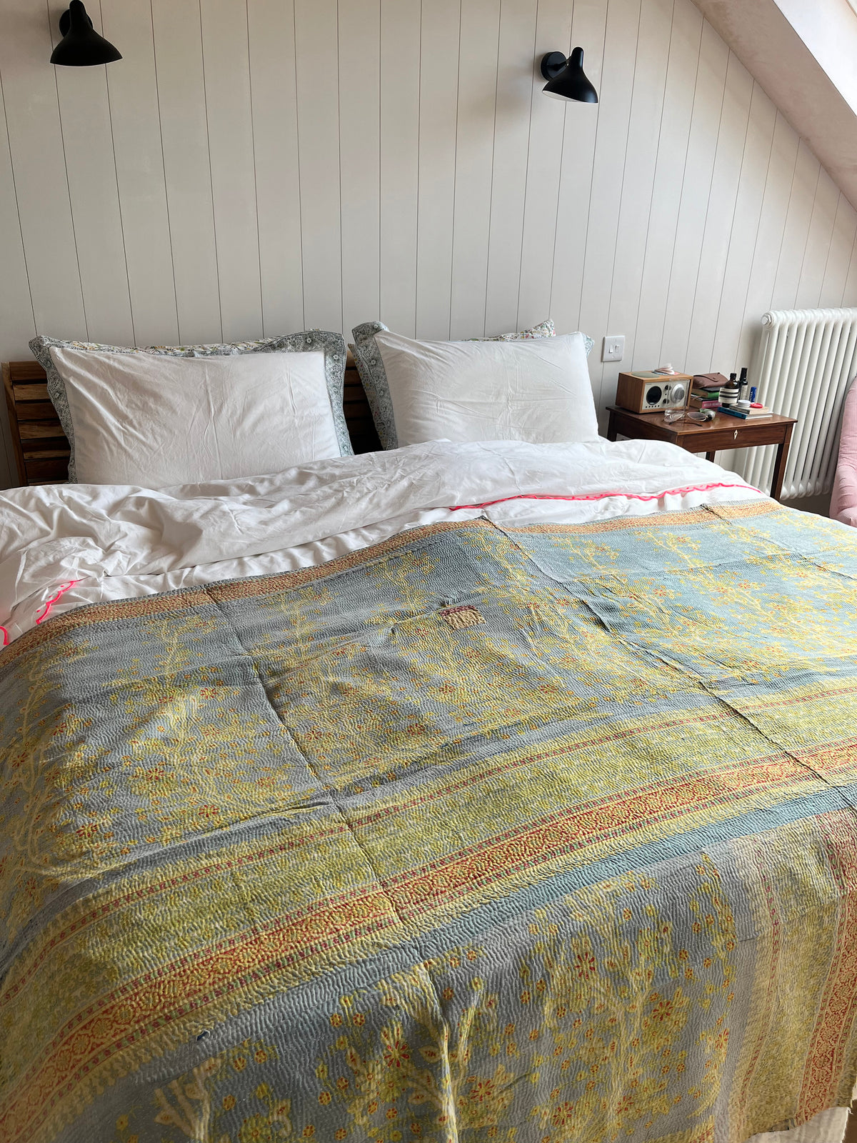 Pale Blue / Yellow Floral & Blue Reverse Kantha quilt