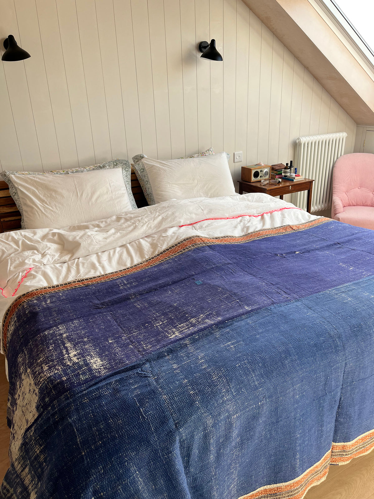 Pale Blue / Yellow Floral & Blue Reverse Kantha quilt