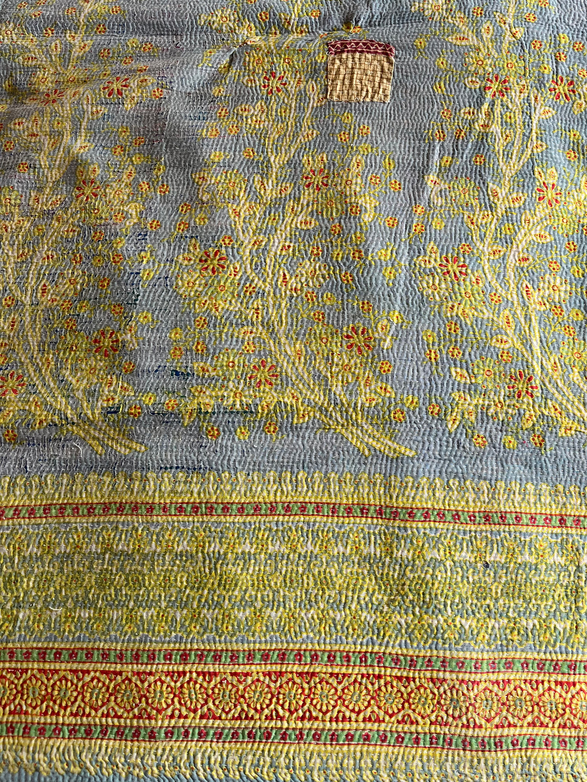 Pale Blue / Yellow Floral & Blue Reverse Kantha quilt