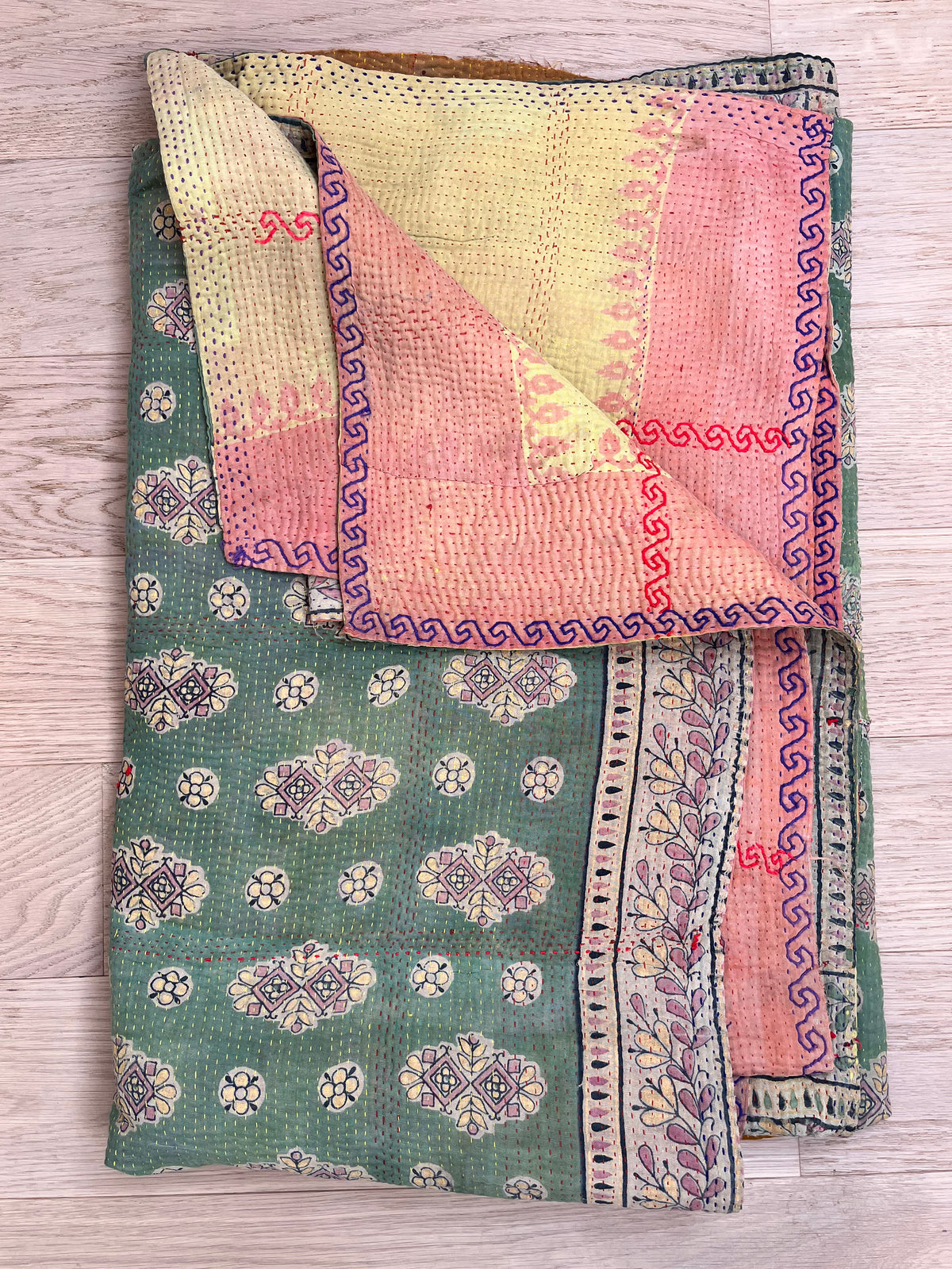 Pale Green & Yellow with Red Embroidery Reverse Kantha quilt