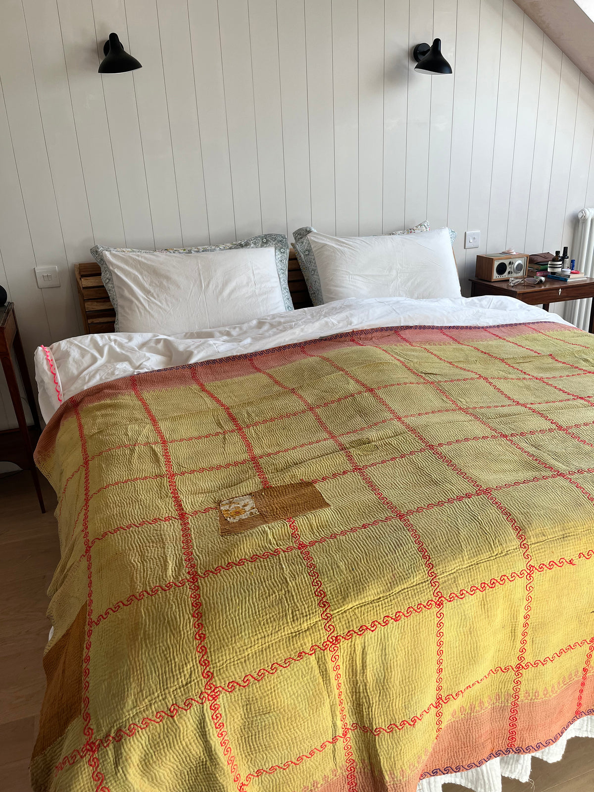 Pale Green & Yellow with Red Embroidery Reverse Kantha quilt