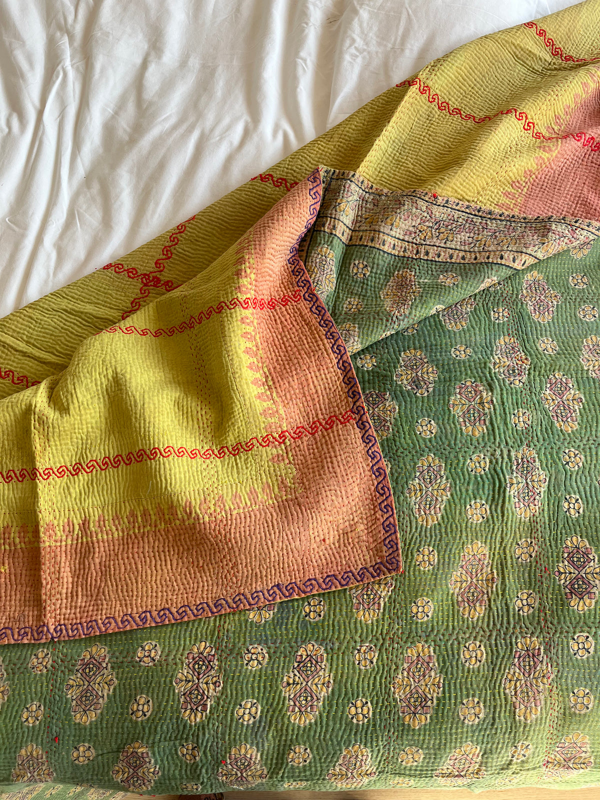 Pale Green & Yellow with Red Embroidery Reverse Kantha quilt