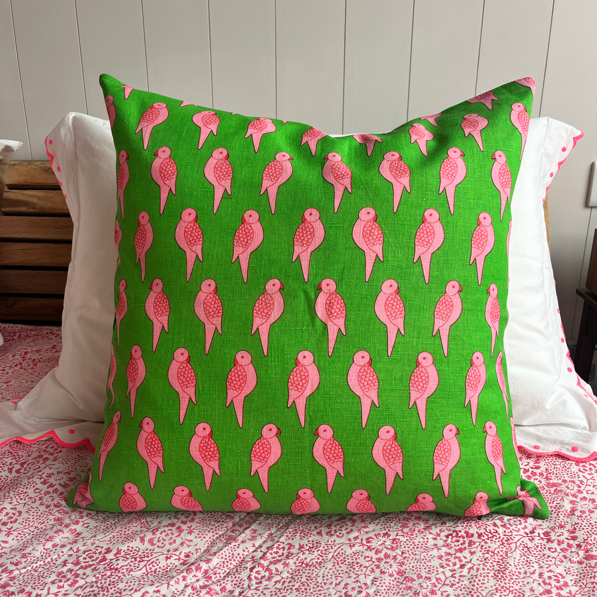 Parrot Linen Cushion - Green & Pink