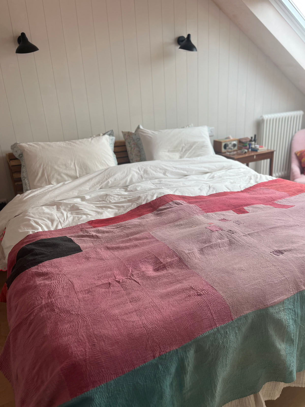 Patchwork Floral with pink Reverse Kantha quilt