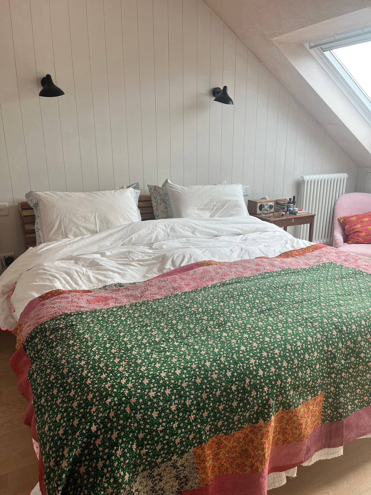 Patchwork Floral with pink Reverse Kantha quilt