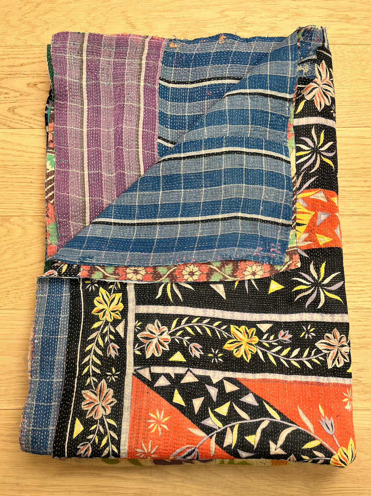 Patchwork Ikat with blue check Reverse Kantha quilt