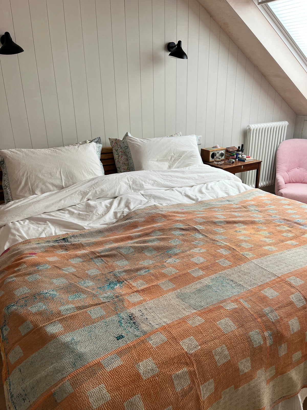 Soft Peach with Yellow Reverse Kantha quilt