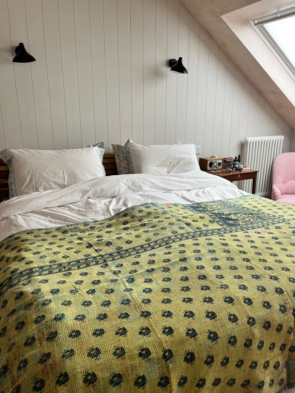 Soft Peach with Yellow Reverse Kantha quilt