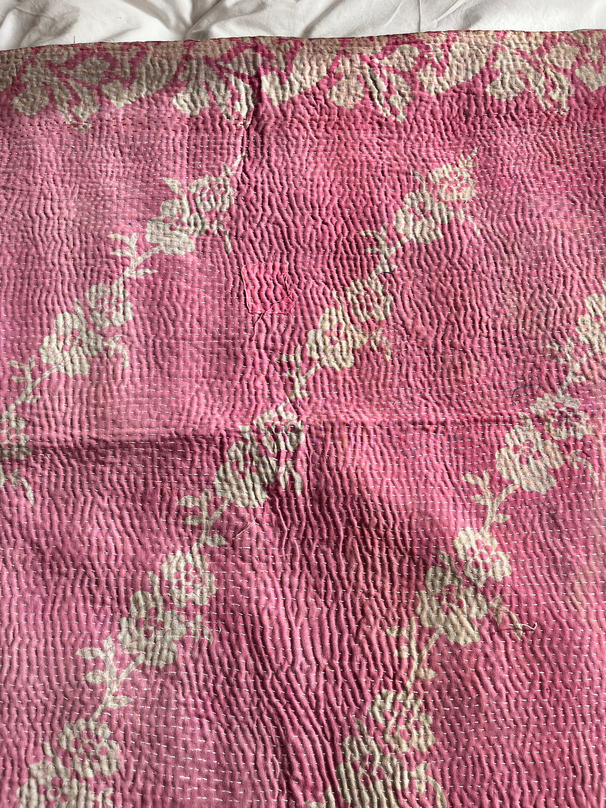 Pretty Pink Floral & Turquoise Embroidery Reverse Kantha Quilt