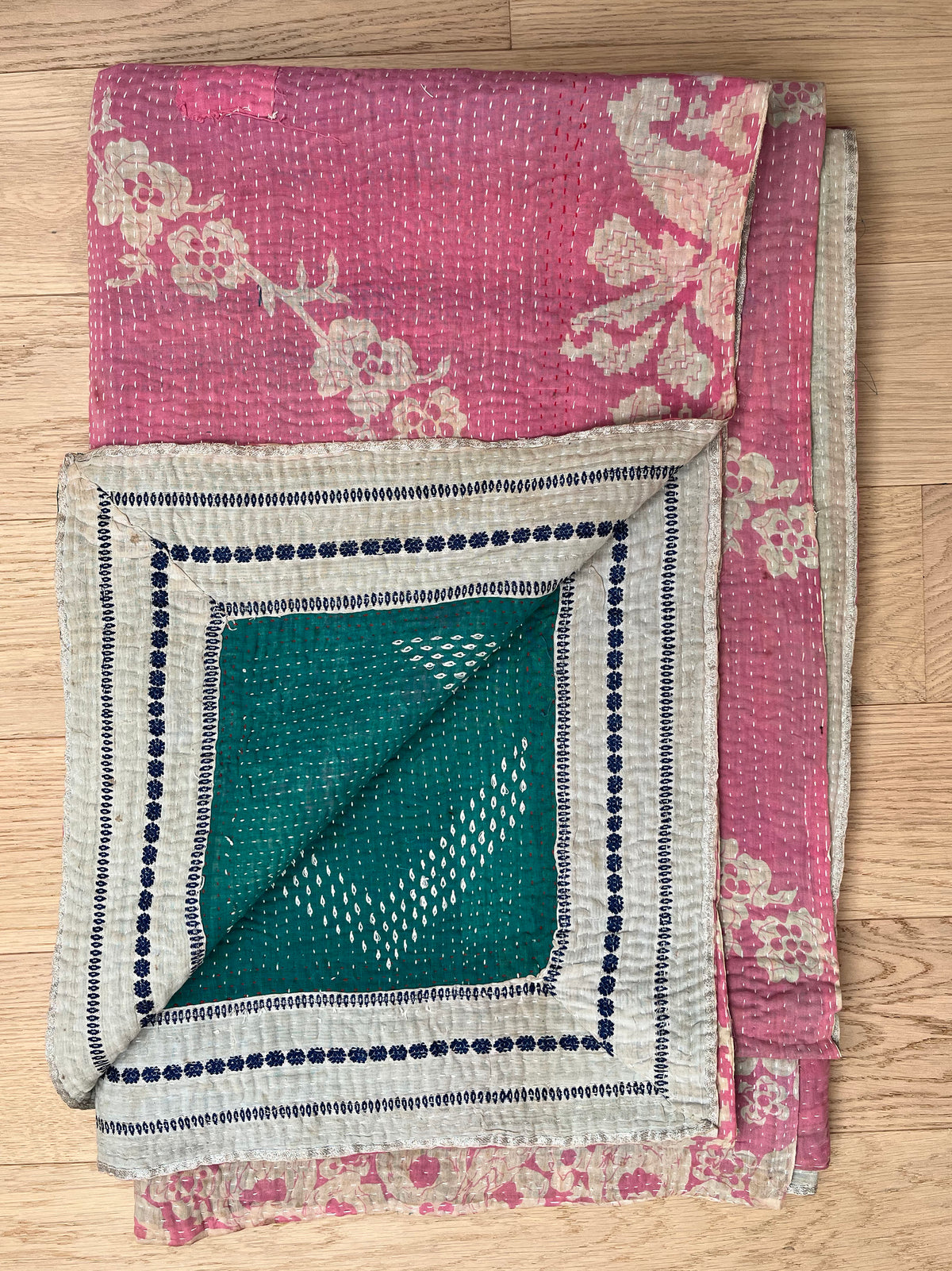 Pretty Pink Floral & Turquoise Embroidery Reverse Kantha Quilt