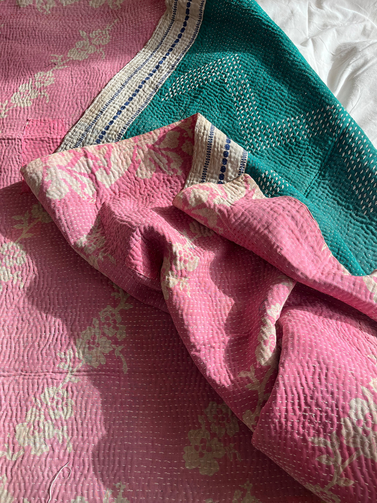Pretty Pink Floral & Turquoise Embroidery Reverse Kantha Quilt
