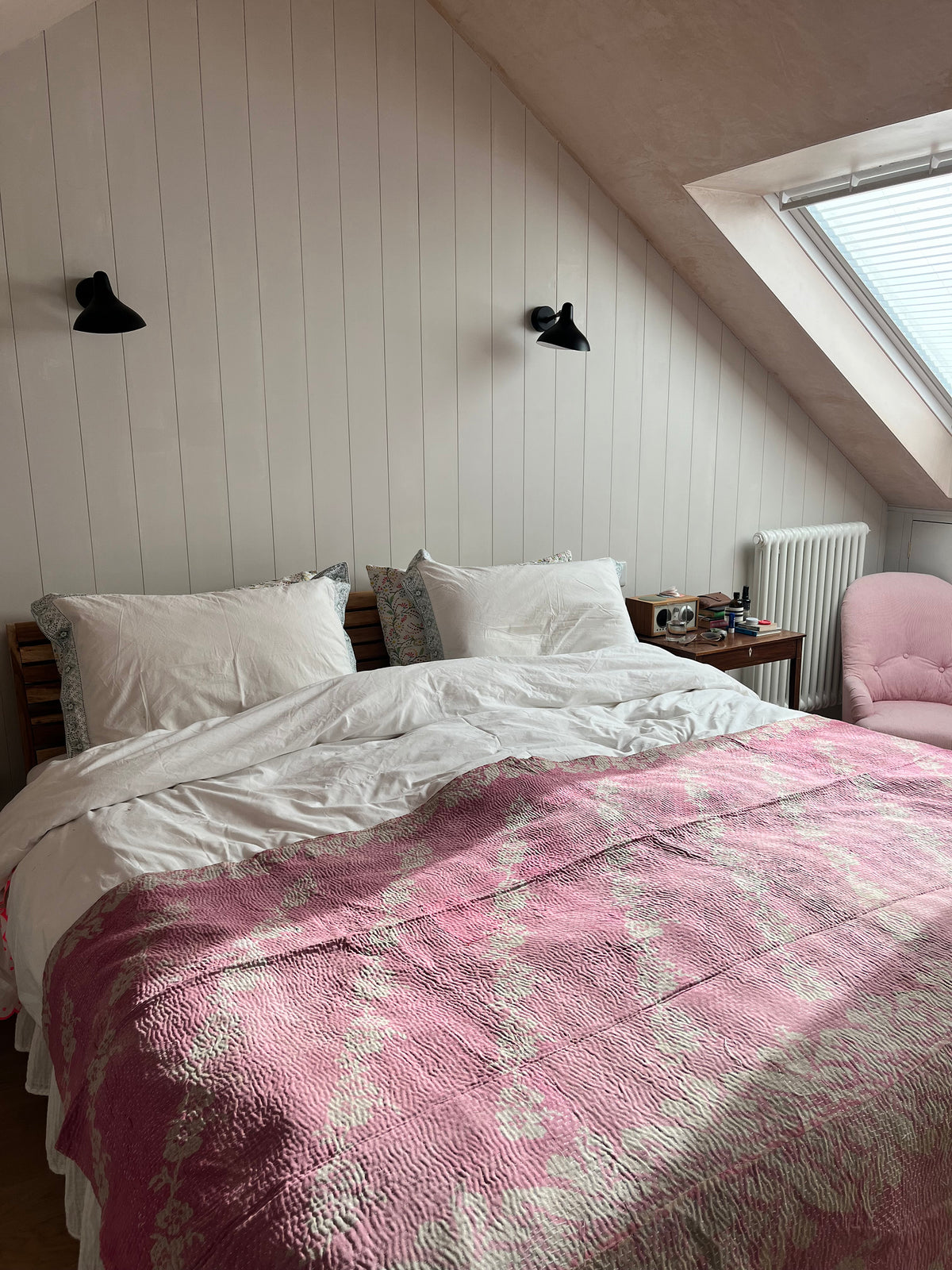 Pretty Pink Floral & Turquoise Embroidery Reverse Kantha Quilt