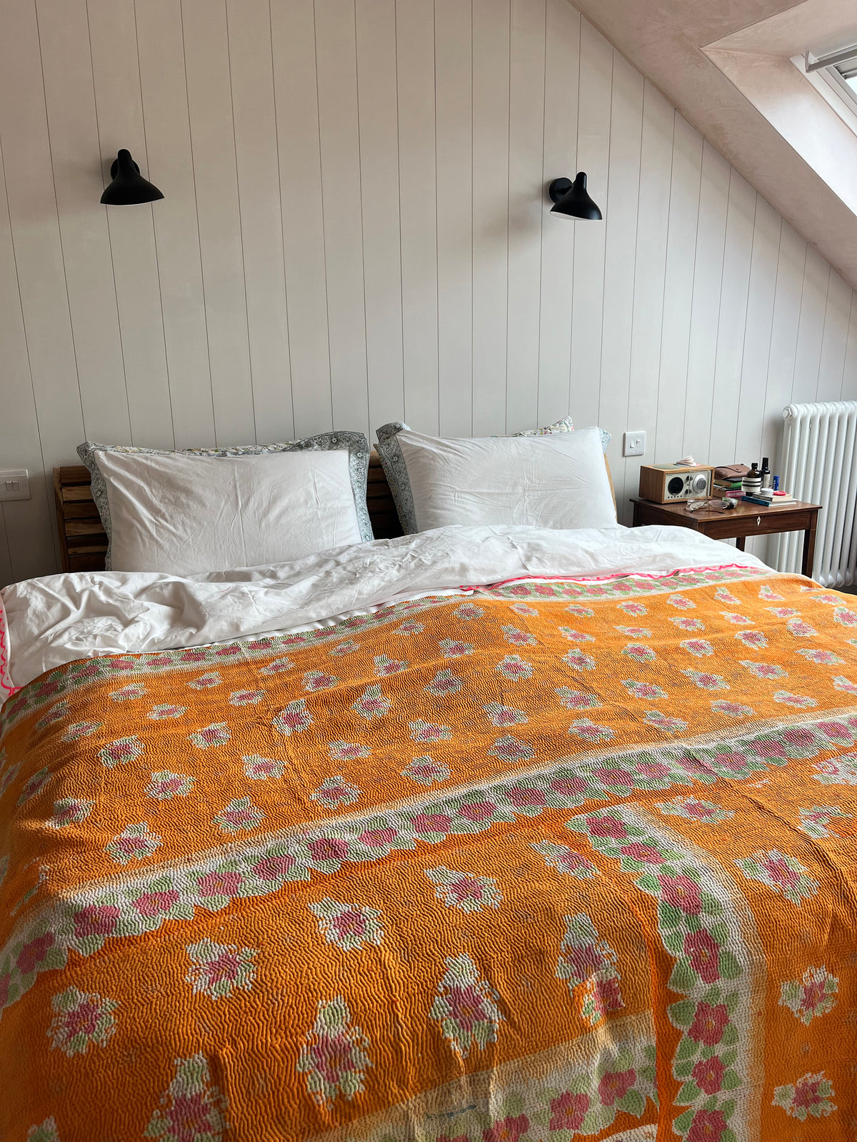 Pink / Teal Tie Dye & Orange Floral Reverse Kantha Quilt