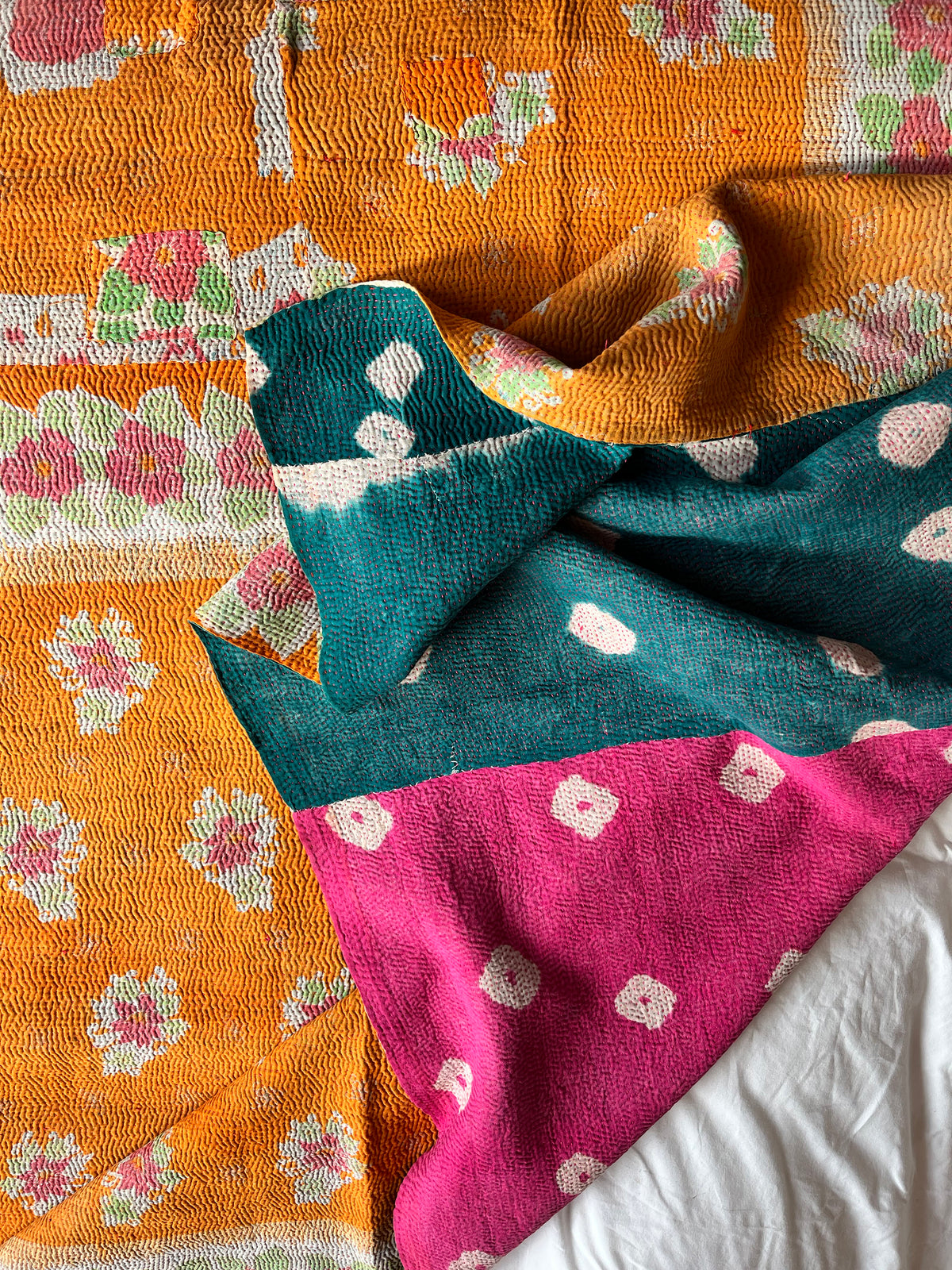 Pink / Teal Tie Dye & Orange Floral Reverse Kantha Quilt