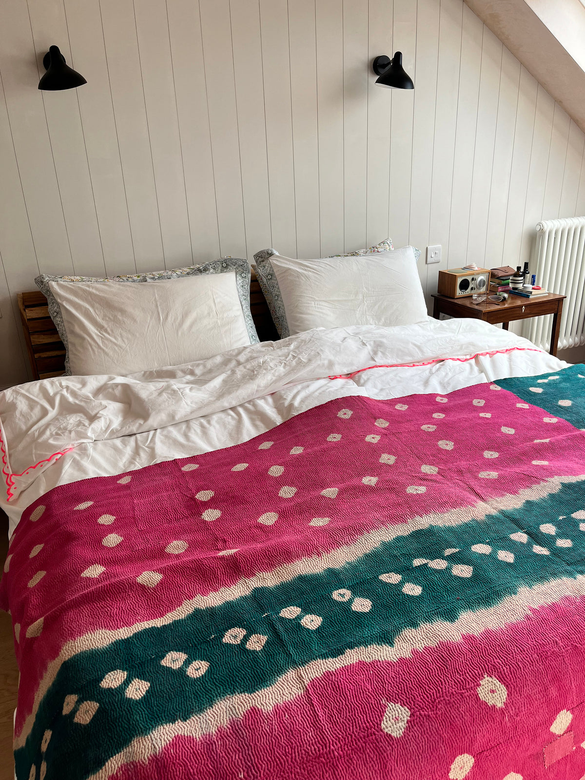 Pink / Teal Tie Dye & Orange Floral Reverse Kantha Quilt