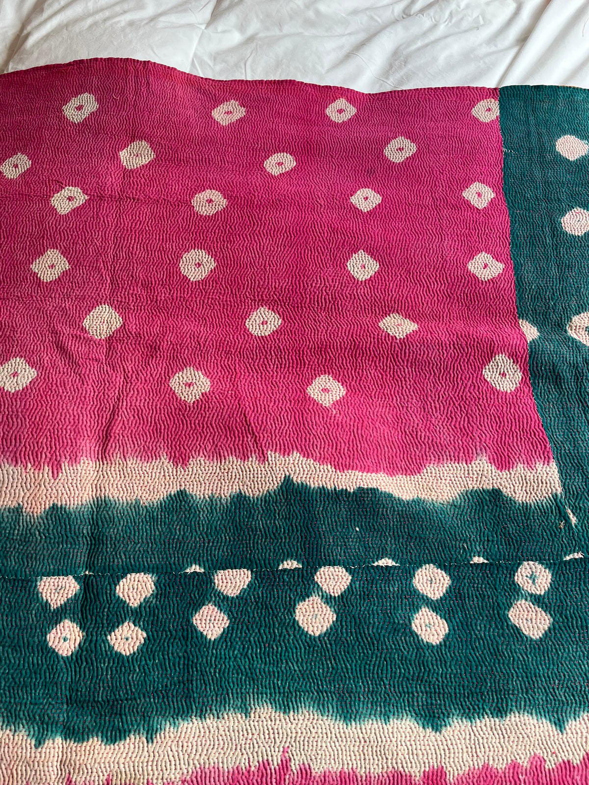 Pink / Teal Tie Dye & Orange Floral Reverse Kantha Quilt