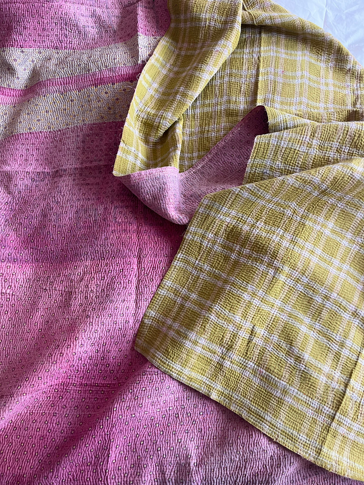 Pink & lime Reverse Kantha quilt