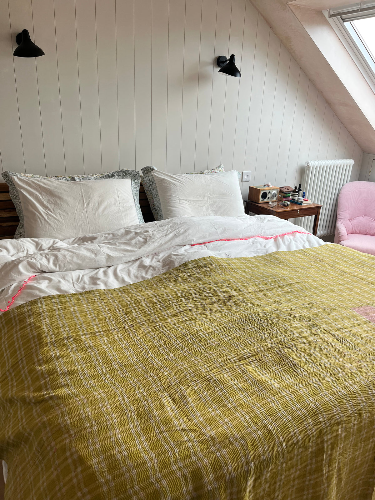 Pink & lime Reverse Kantha quilt