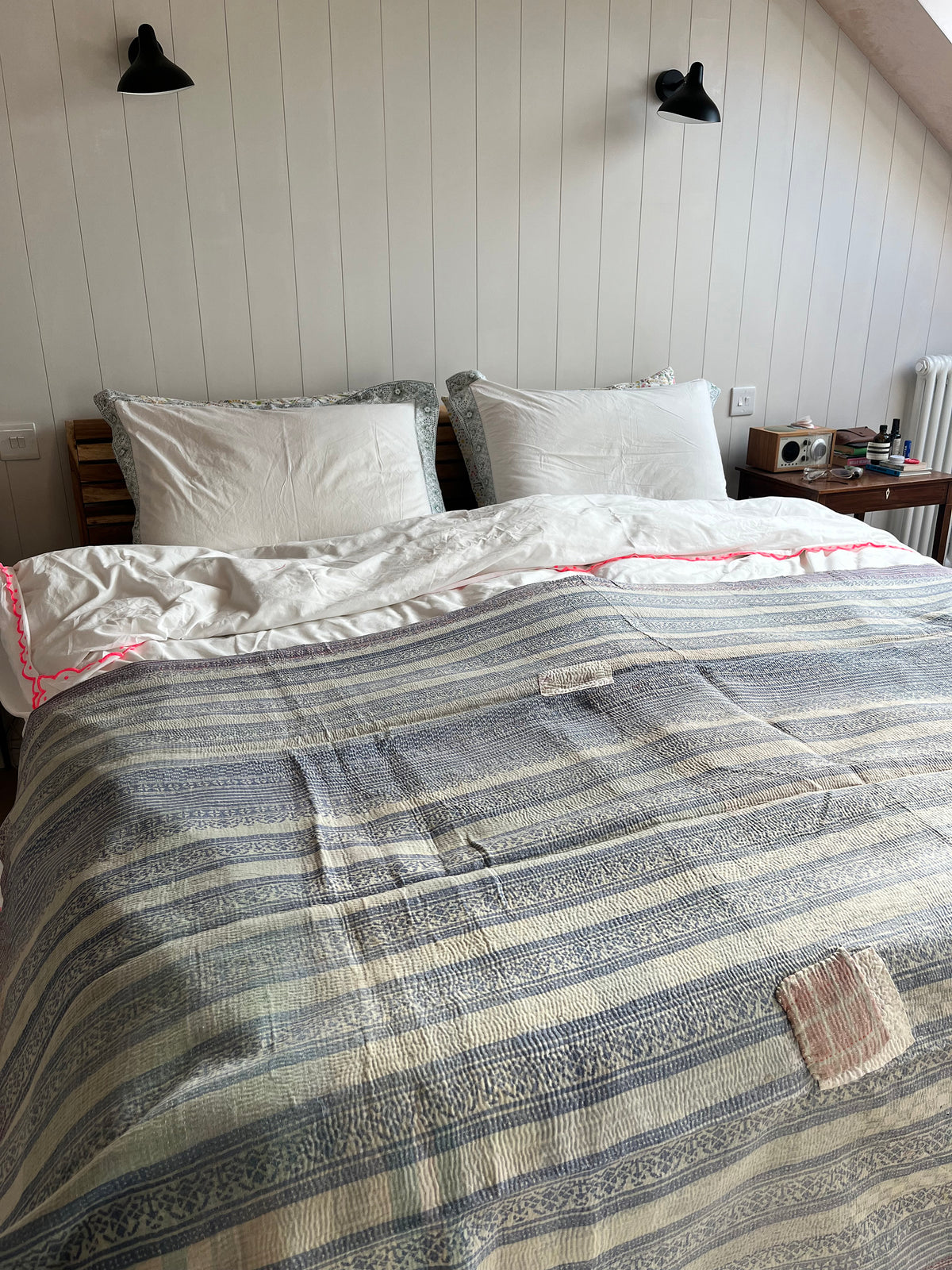 Pretty Paisley & Blue Reverse Kantha Quilt
