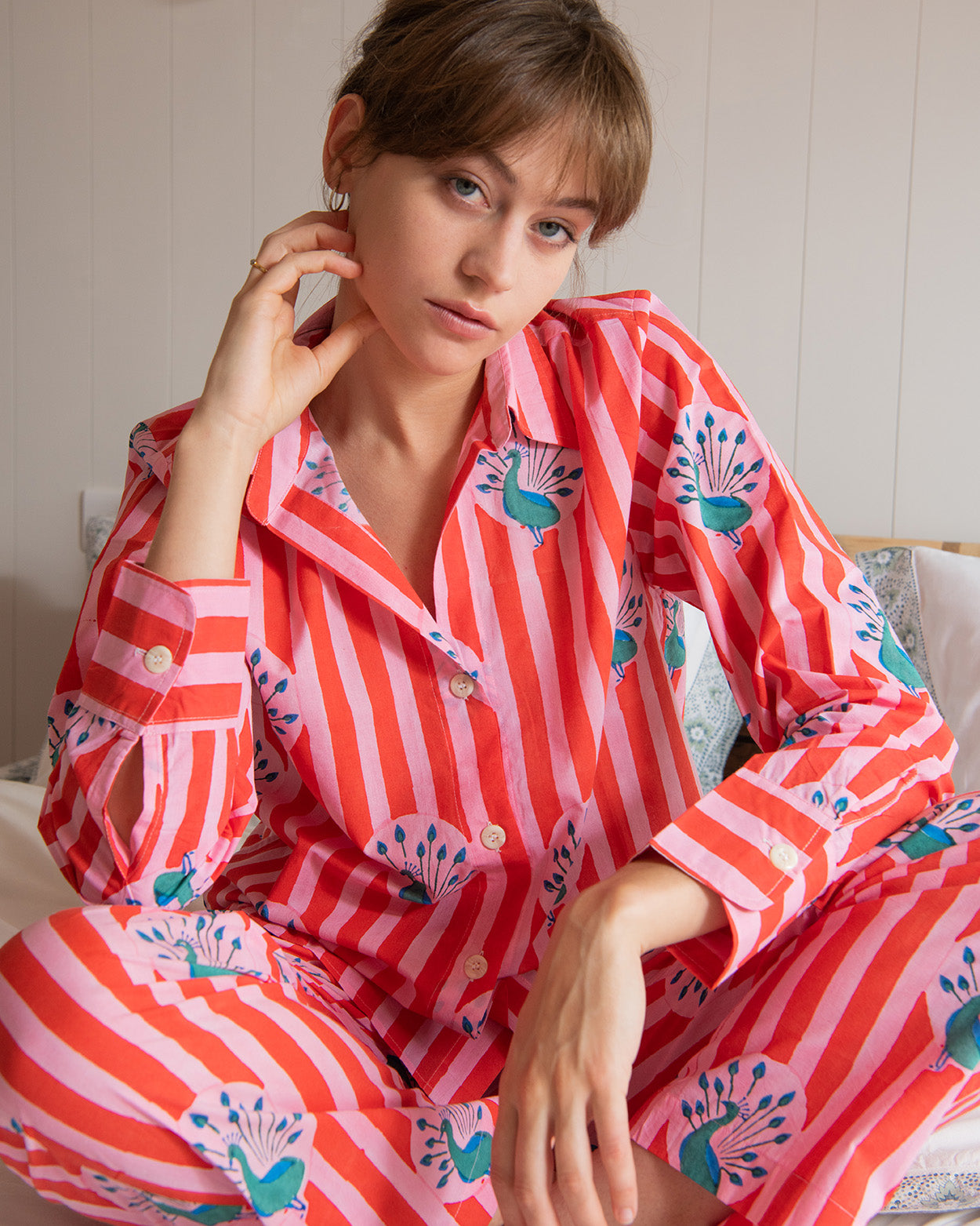 Red & Pink Stripe Peacock womens pyjamas - Lulu and Nat