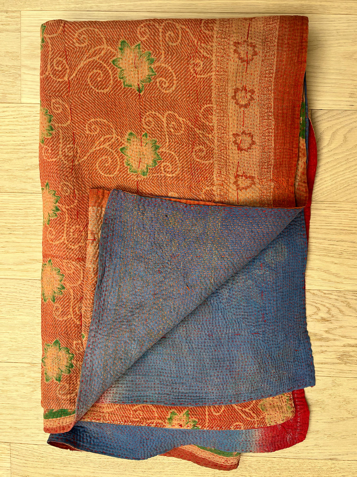 Rust with Green Floral with blue & pink stripe Reverse Kantha quilt