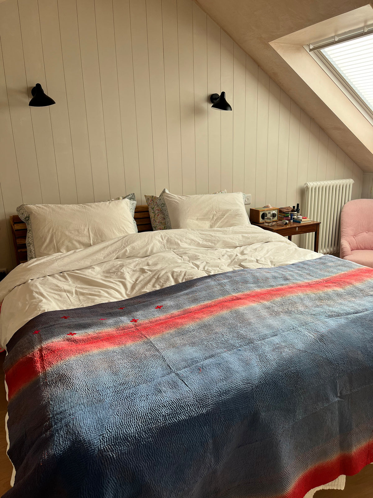 Rust with Green Floral with blue & pink stripe Reverse Kantha quilt