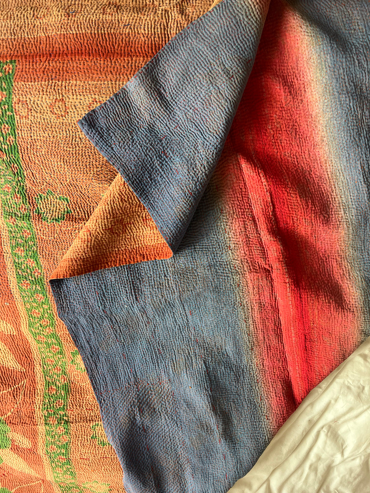 Rust with Green Floral with blue & pink stripe Reverse Kantha quilt
