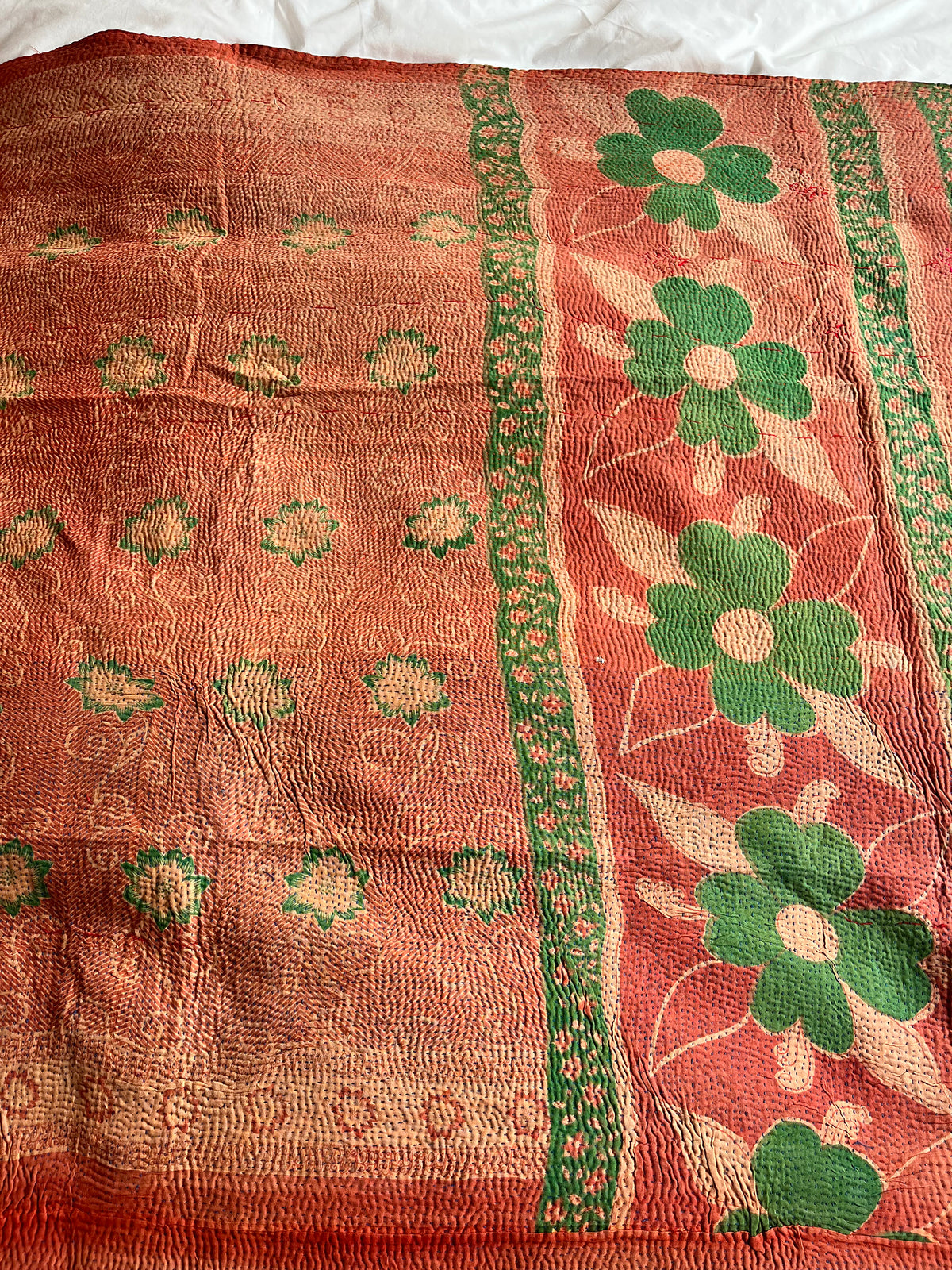 Rust with Green Floral with blue & pink stripe Reverse Kantha quilt