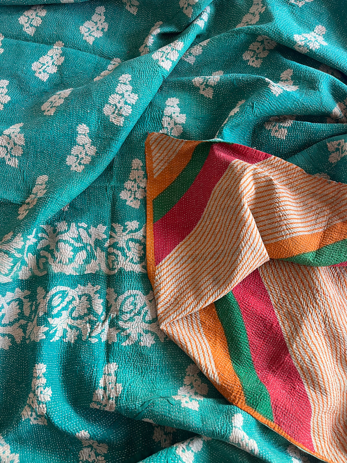 Teal Floral & Multi Colour Reverse Kantha quilt