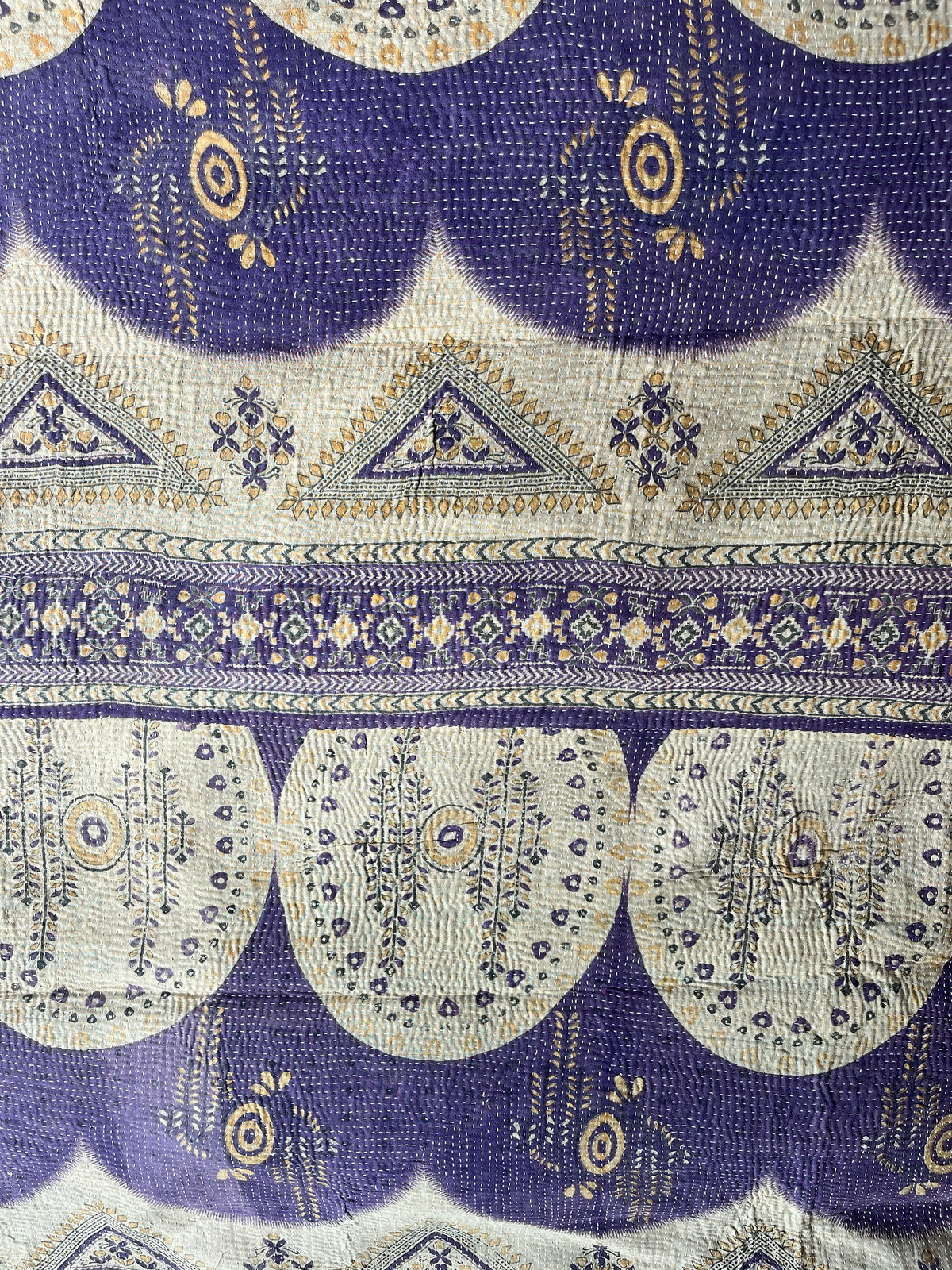 Turquoise Floral with purple scallop Reverse Kantha quilt