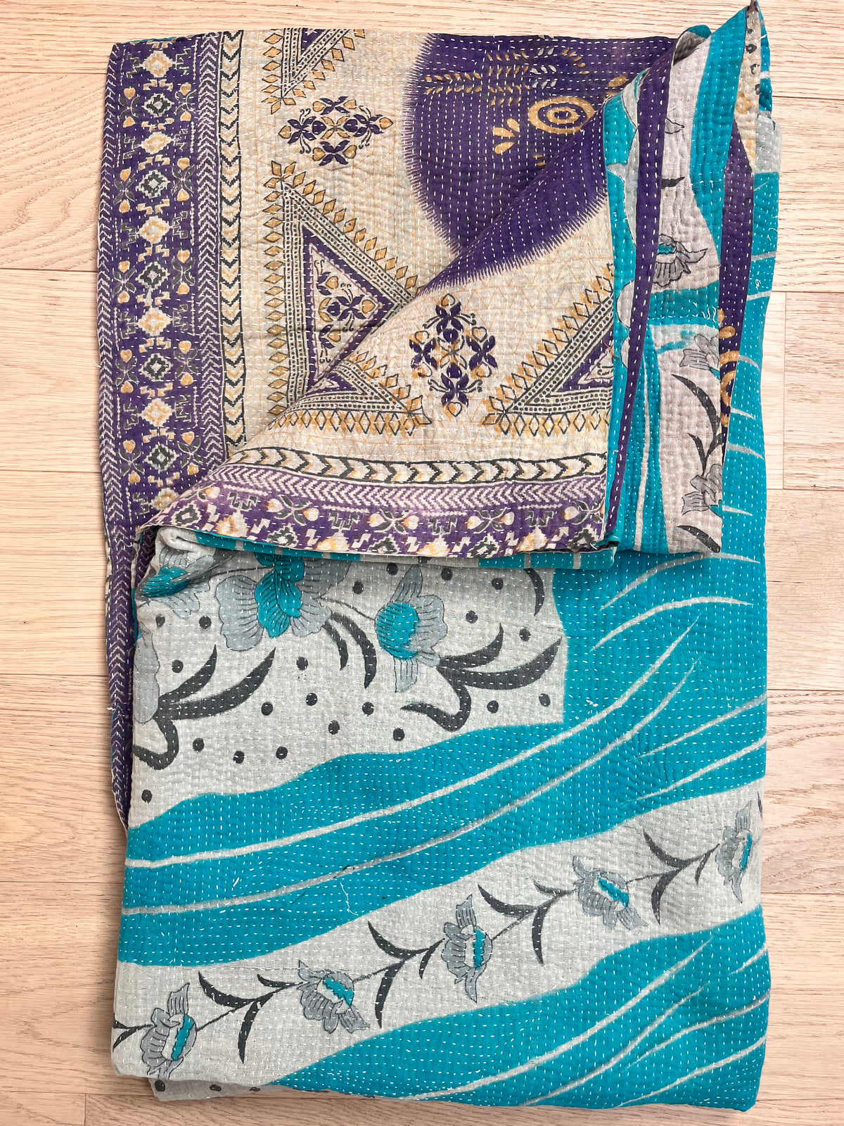 Turquoise Floral with purple scallop Reverse Kantha quilt