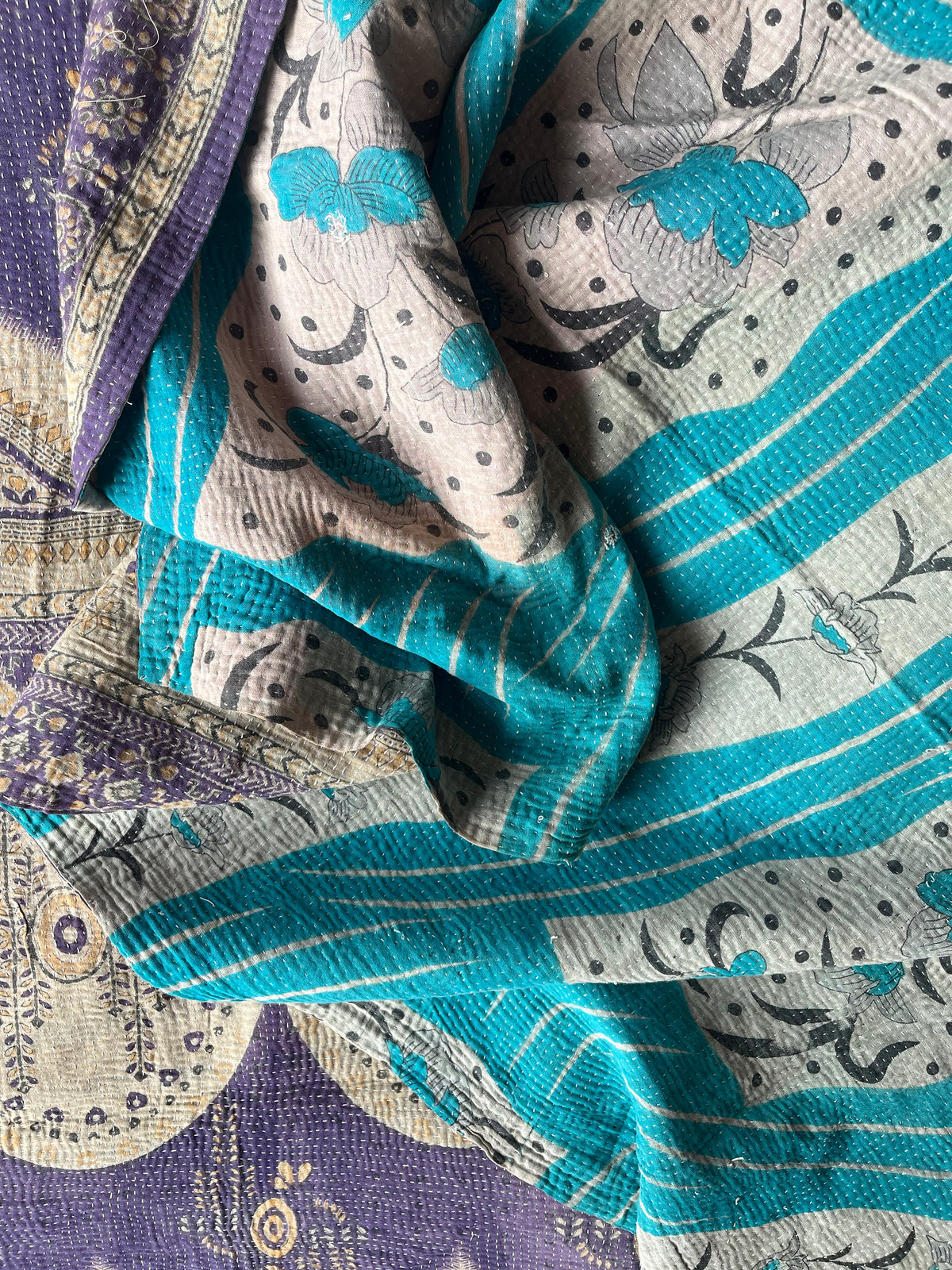 Turquoise Floral with purple scallop Reverse Kantha quilt