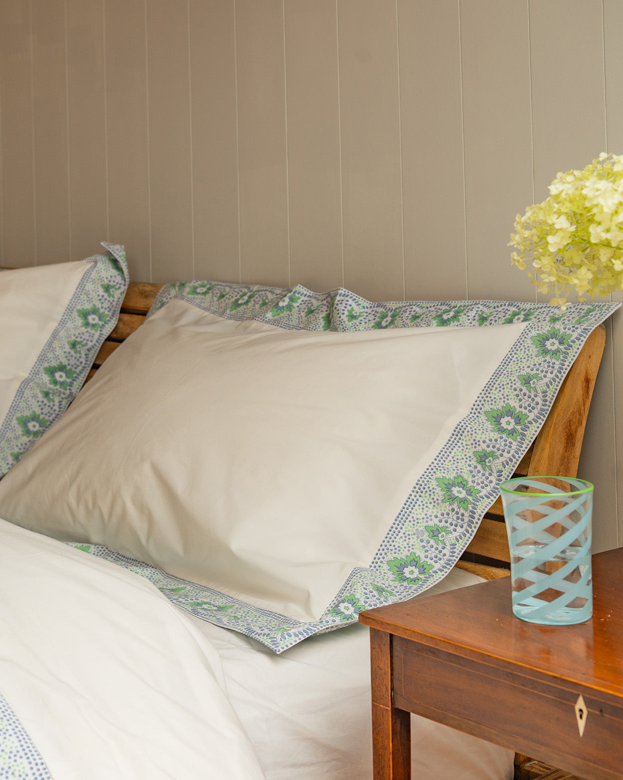 Vintage Blue/ Green/Grey Leaf & Dot bordered set of 2 pillowcases