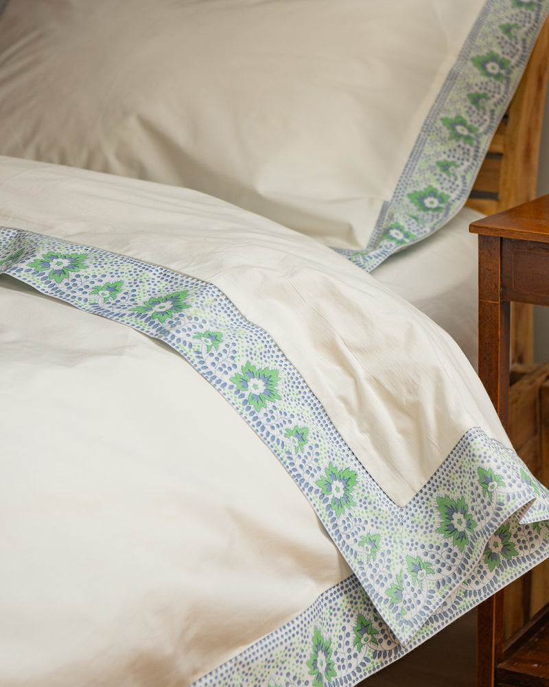 Vintage Blue/Green/Grey leaf and dot bordered duvet cover