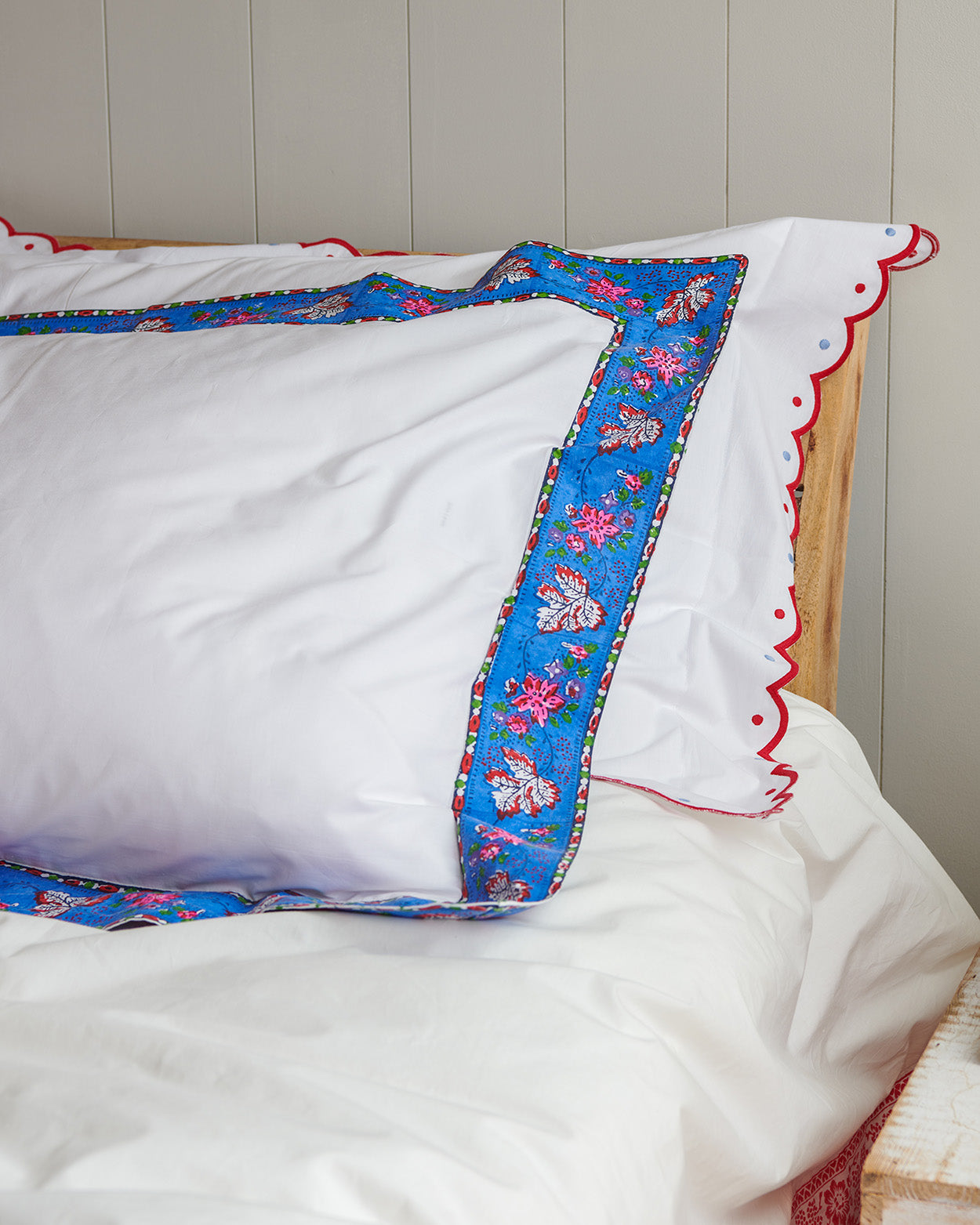 White with a Blue French Floral bordered set of 2 pillowcases