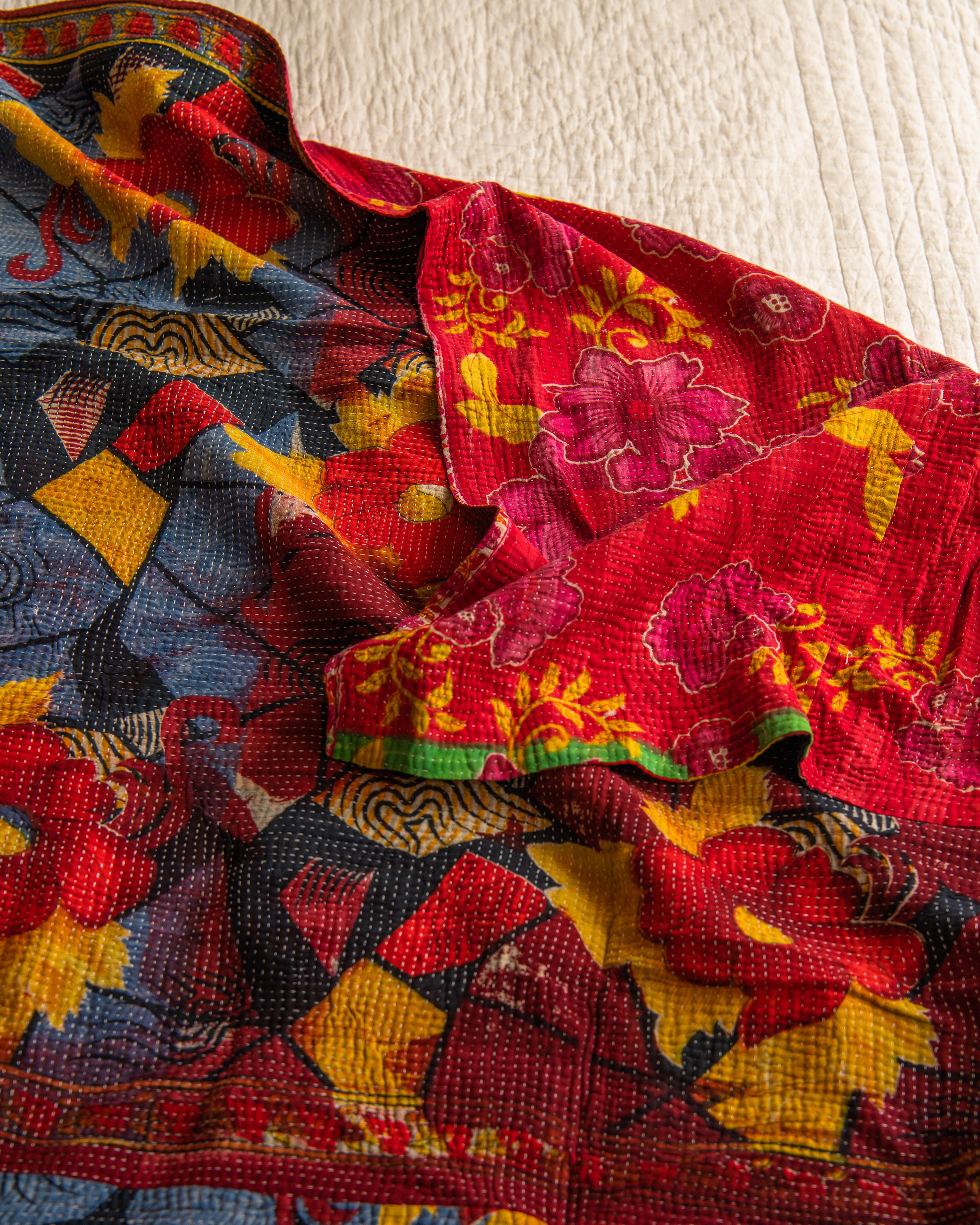 Hawaiin Pink & Green Floral with Burgandy reverse Kantha quilt