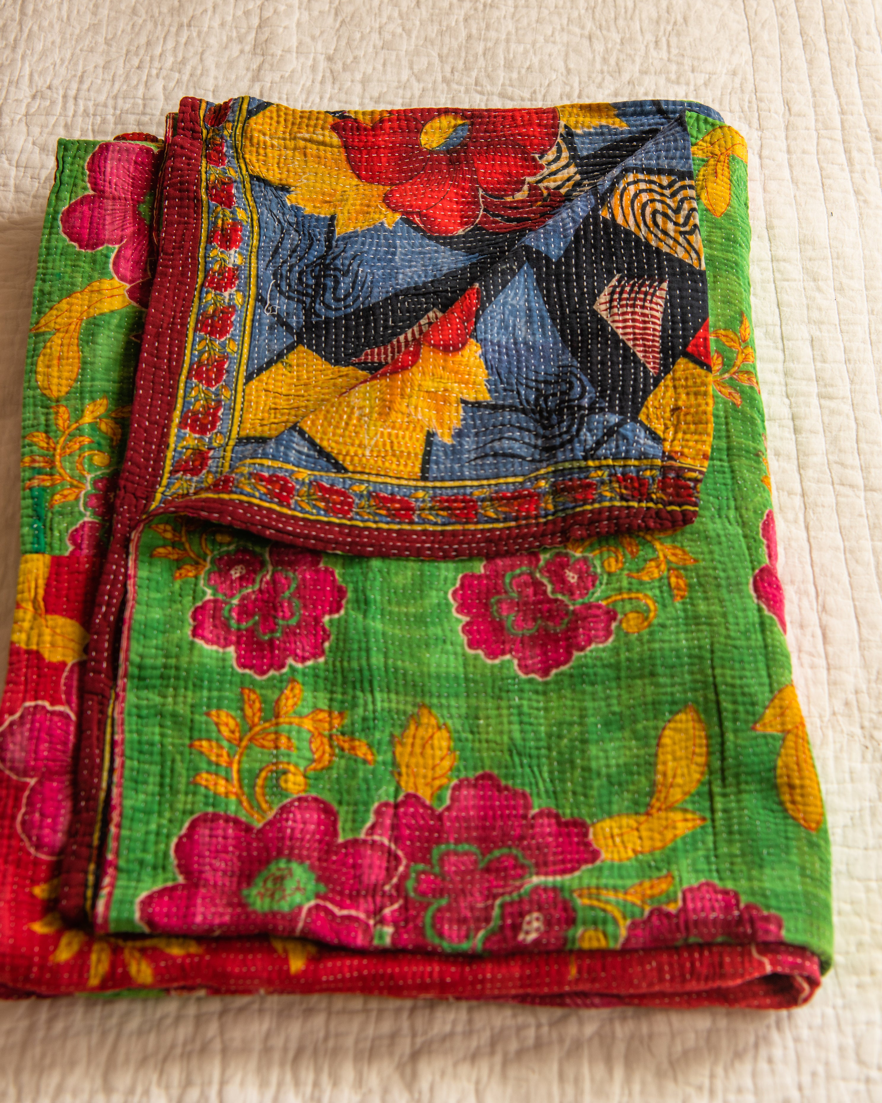 Hawaiin Pink & Green Floral with Burgandy reverse Kantha quilt