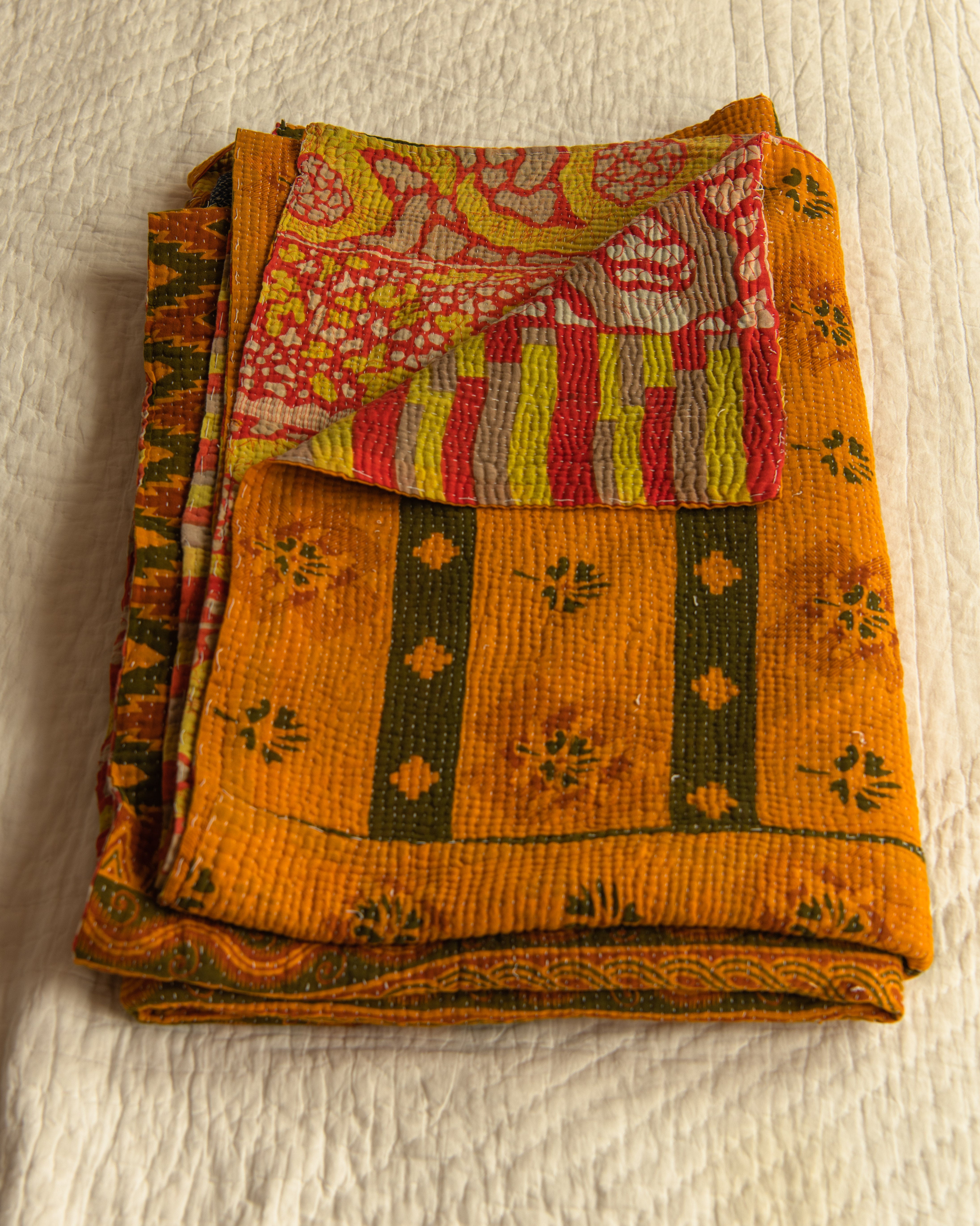 Red & Lime Camouflage print with saffron reverse Kantha quilt