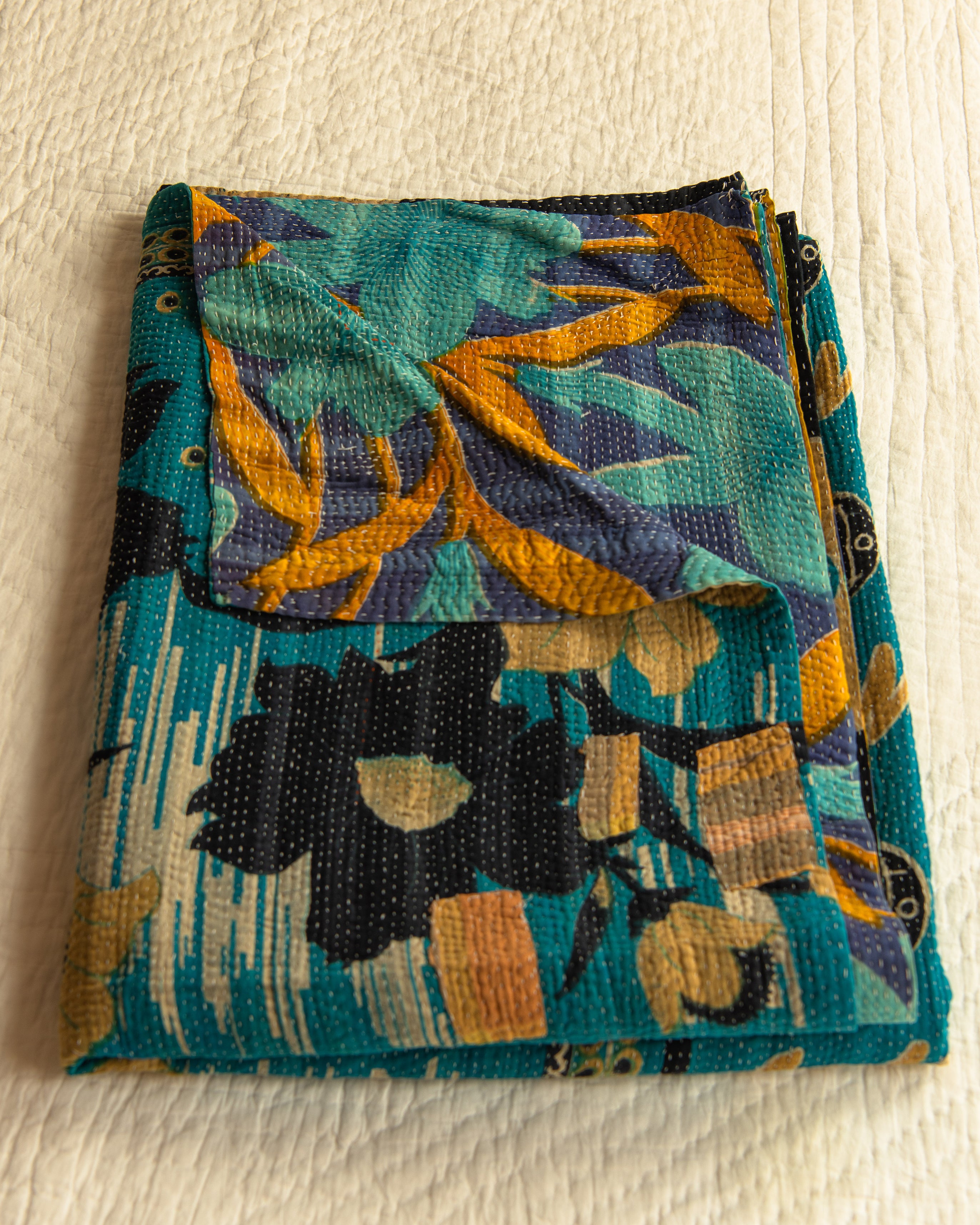 Turquoise & Blue Large Hibiscus Floral Kantha Quilt