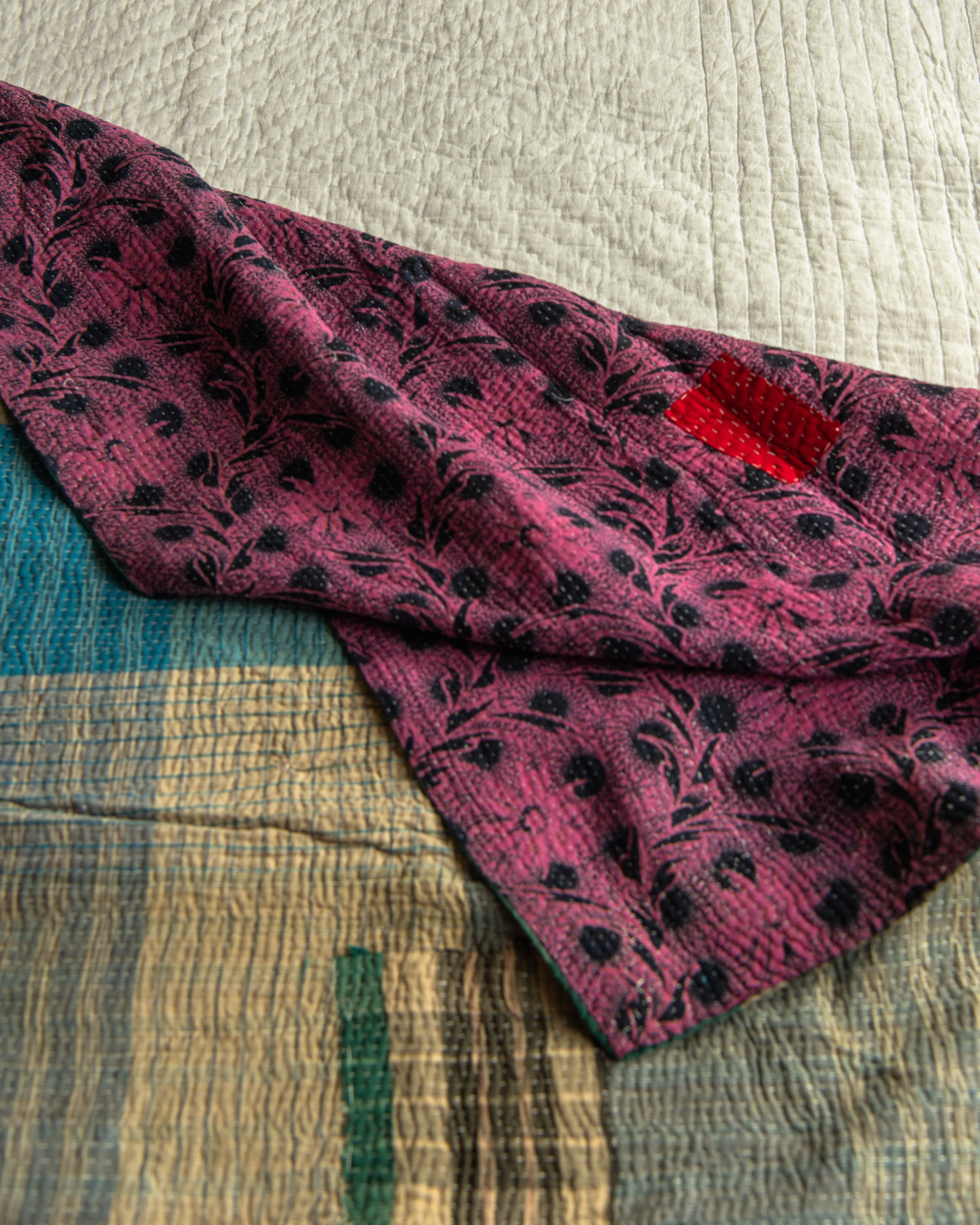 Blue check & Pink Floral Kantha quilt