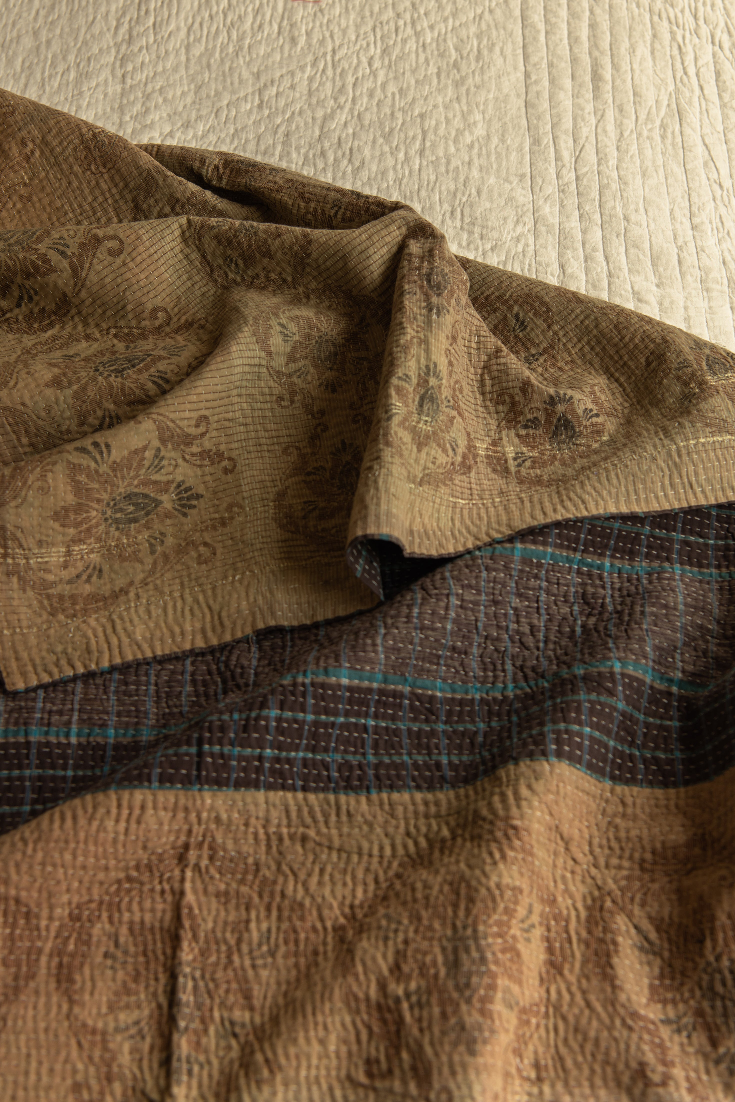 Brown paisley jaquard & Blue Check Kantha quilt