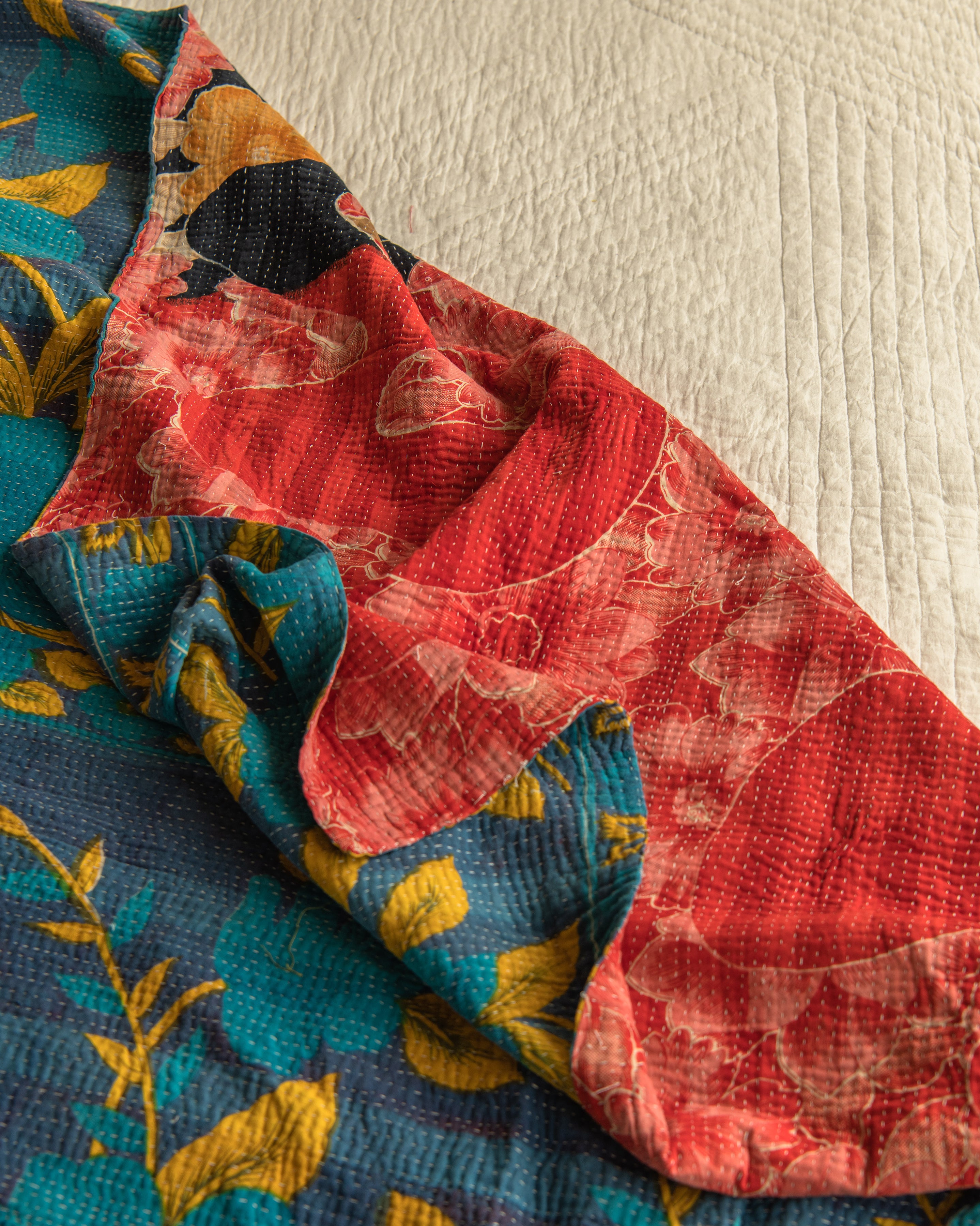 Large Blue & Turquoise Floral Kantha quilt